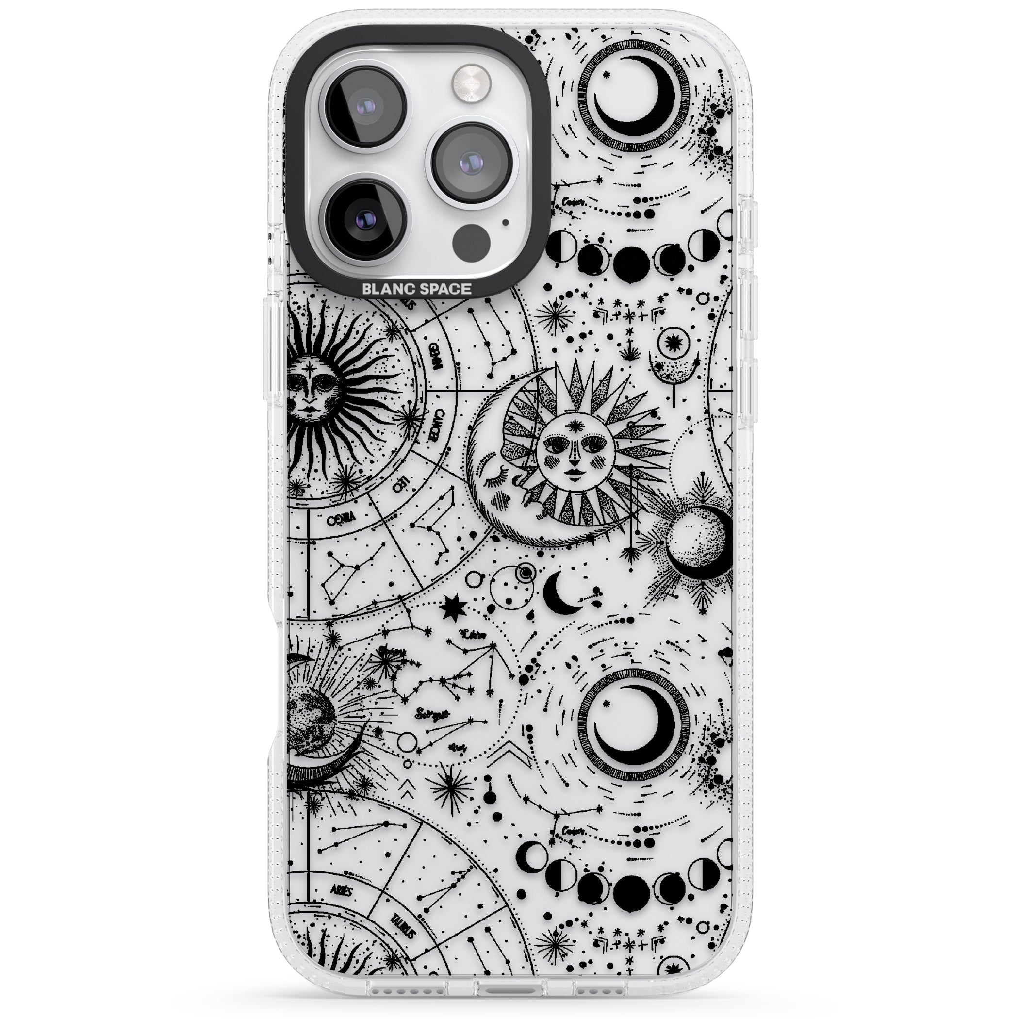 Suns, Moons, Zodiac Signs Astrological iPhone 16 Pro Max / 16 Pro Clear Case Impact Air - Blanc Space