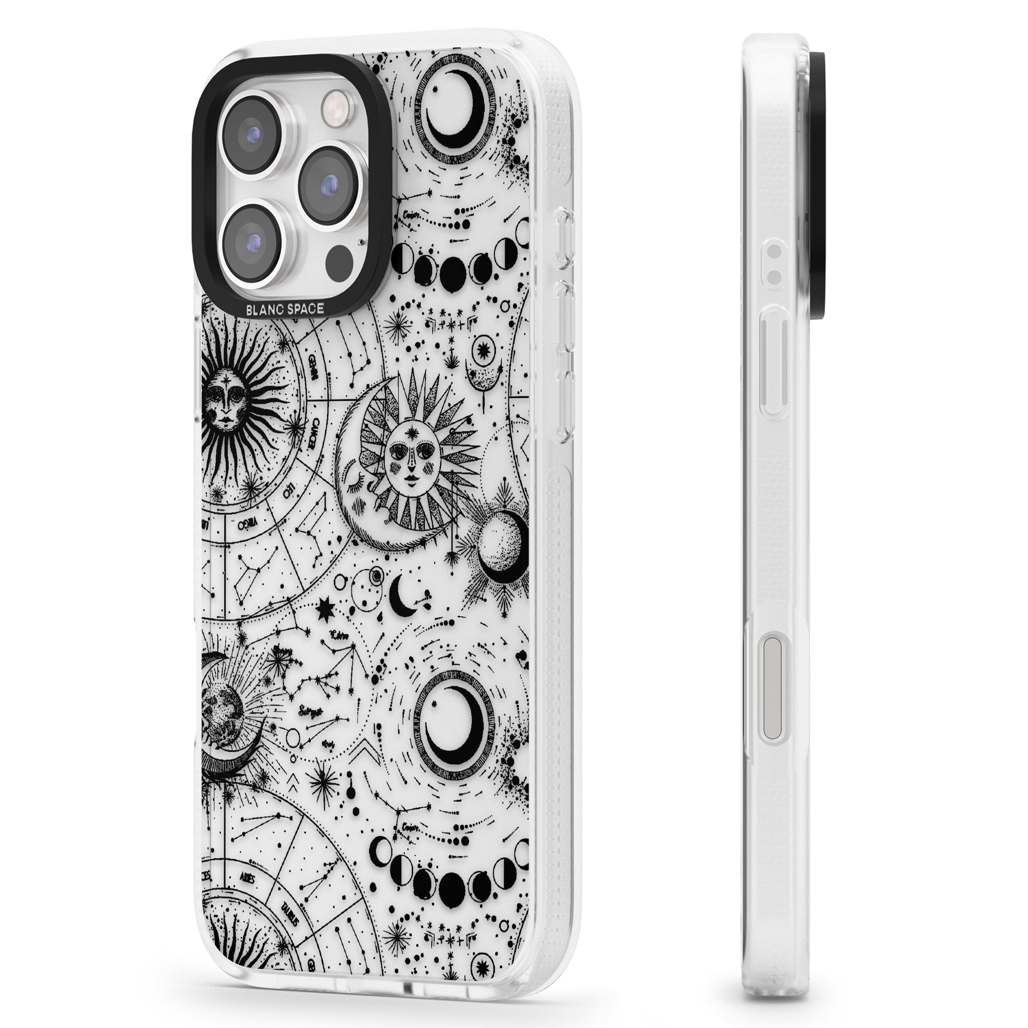 Suns, Moons, Zodiac Signs Astrological iPhone 16 Pro Max / 16 Pro Clear Case Impact Air - Blanc Space