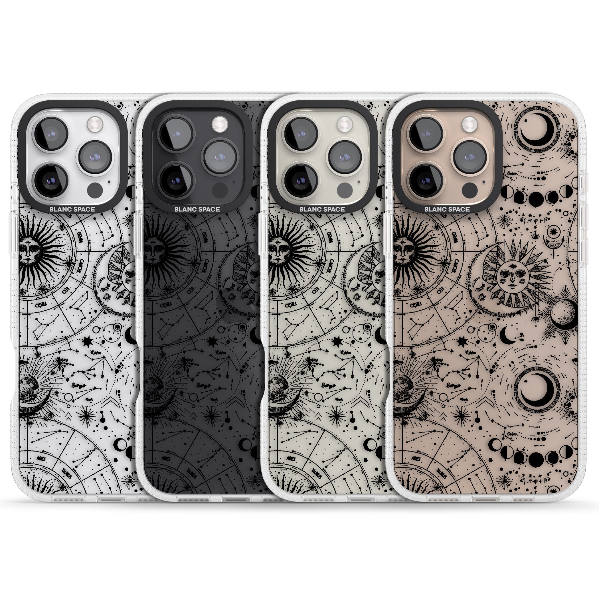 Suns, Moons, Zodiac Signs Astrological iPhone 16 Pro Max / 16 Pro Clear Case Impact Air - Blanc Space