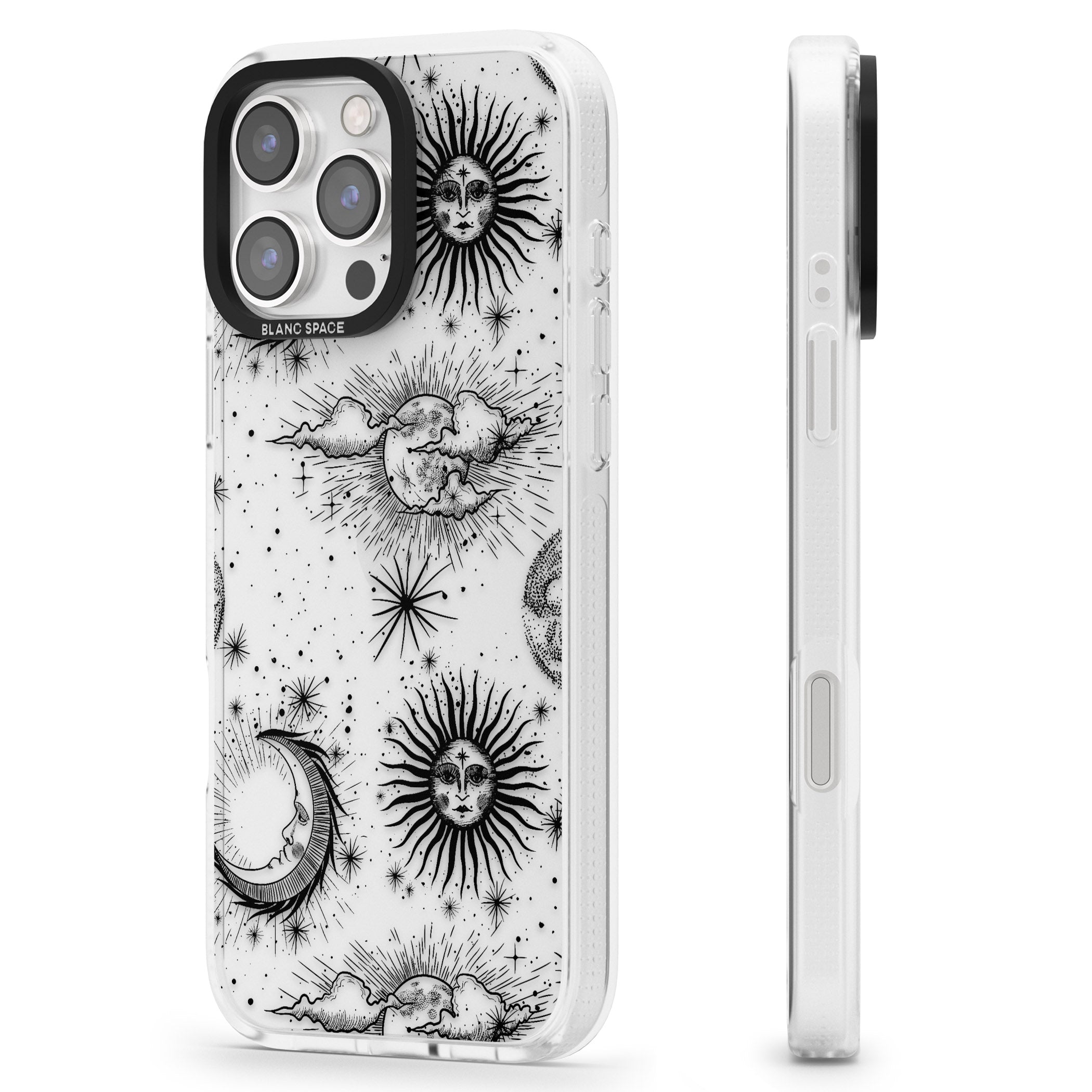 Transparent Suns, Moons & Clouds iPhone 16 Pro Max / 16 Pro Clear Case Impact Air - Blanc Space