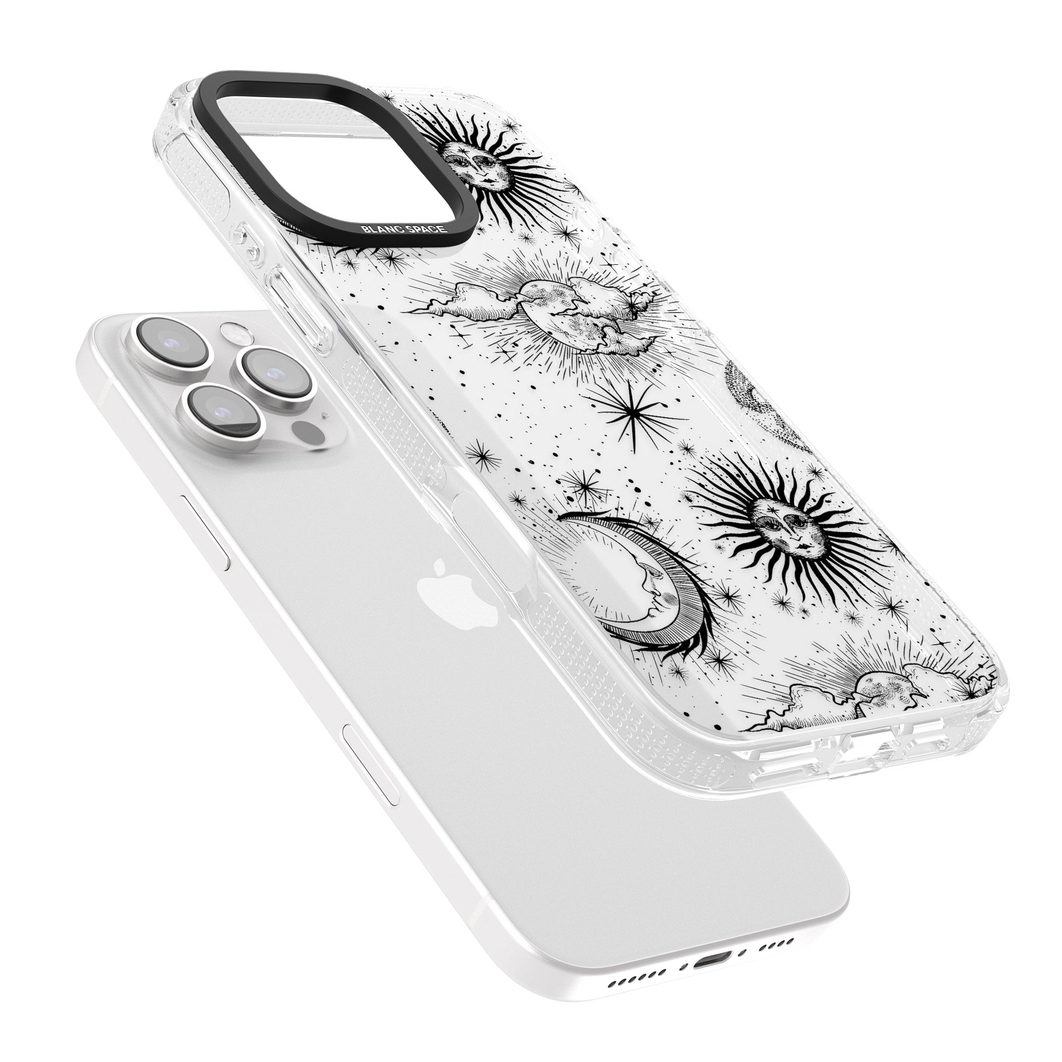 Transparent Suns, Moons & Clouds iPhone 16 Pro Max / 16 Pro Clear Case Impact Air - Blanc Space