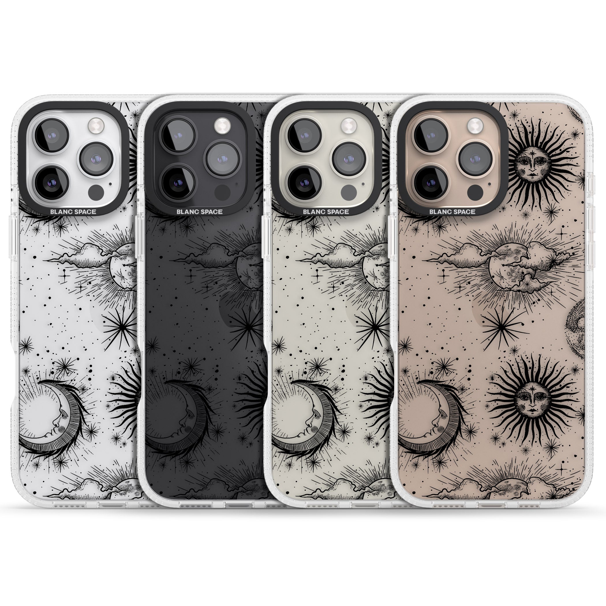 Transparent Suns, Moons & Clouds iPhone 16 Pro Max / 16 Pro Clear Case Impact Air - Blanc Space