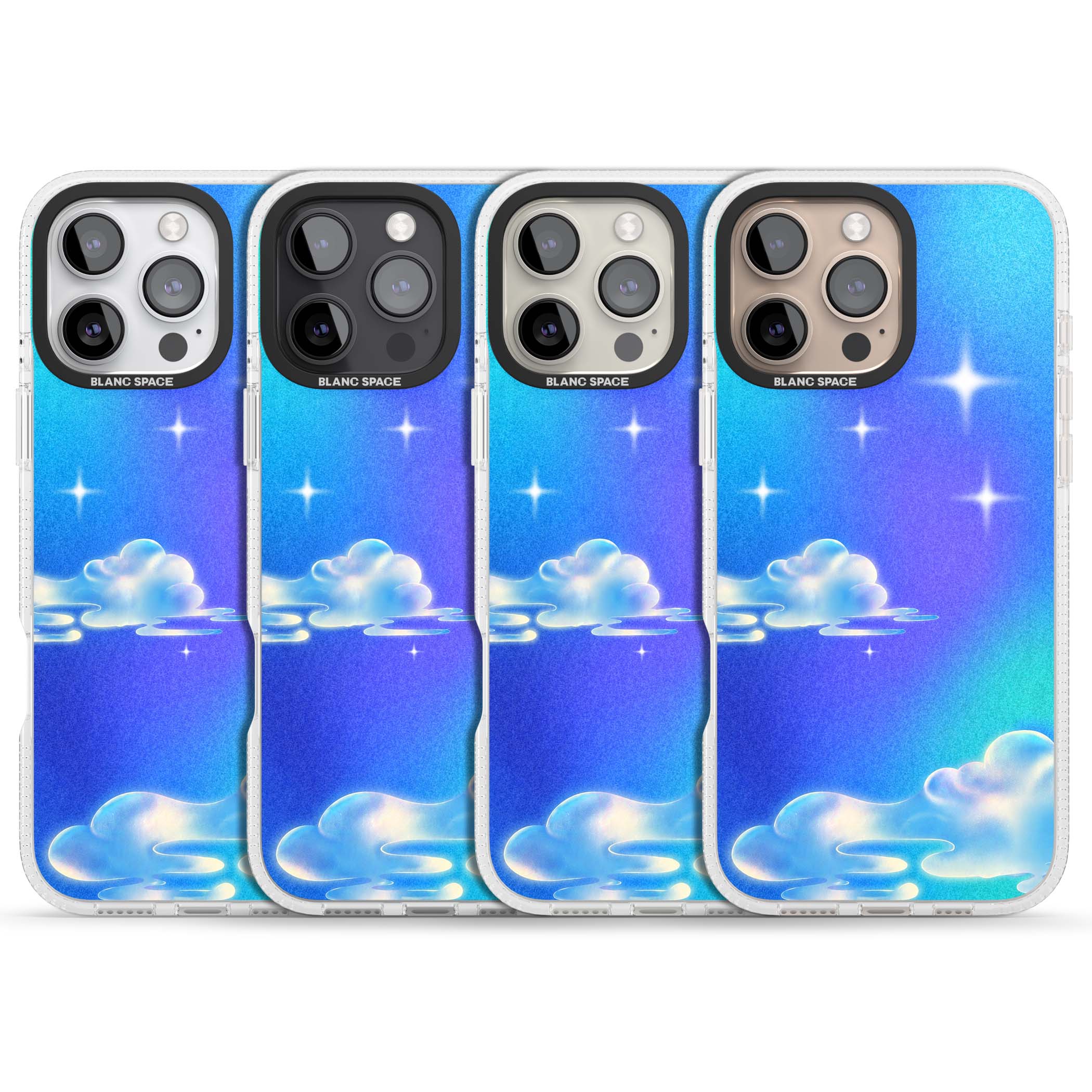Aurora celestial iPhone case featuring dreamy iridescent clouds, sparkling stars and pastel blue purple sky | Clear Case Impact Air case for iPhone 16 Pro, iPhone 16 Pro Max