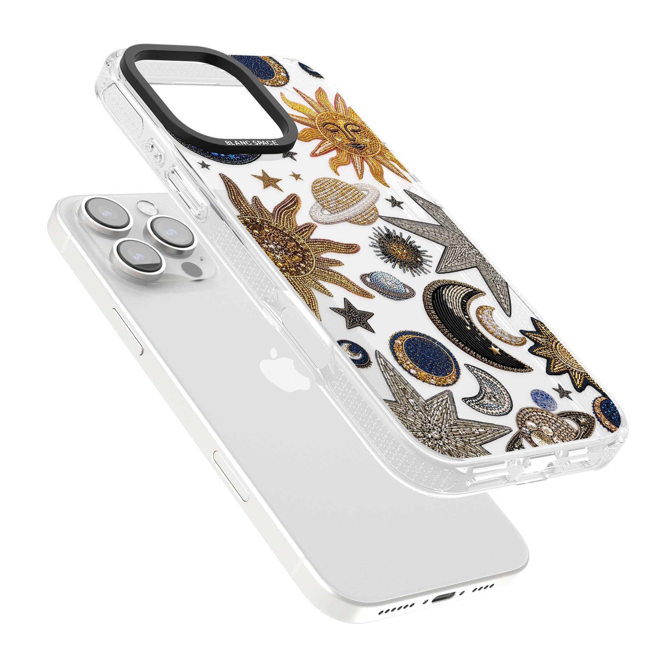 Beaded Cosmos celestial iPhone case featuring embroidered golden suns, beaded planets and silver shooting stars | Clear Case Impact Air case for iPhone 16 Pro, iPhone 16 Pro Max