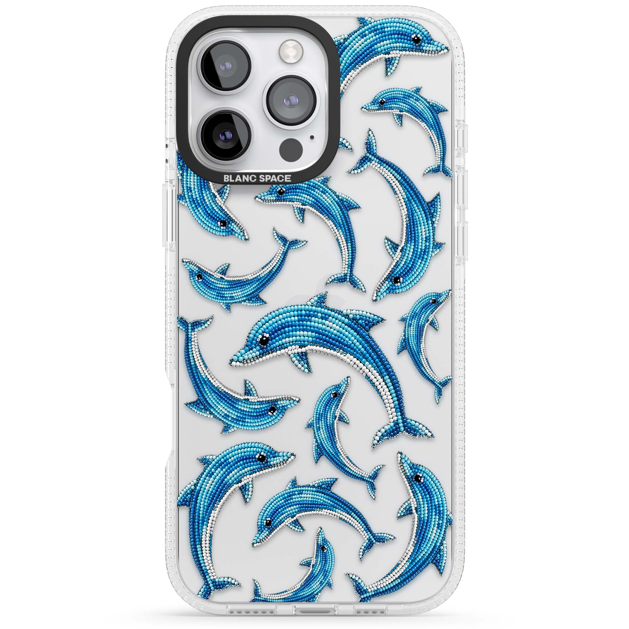 Beaded Dolphins coastal iPhone case featuring beaded dolphins in blue and white swimming across a clear background | Clear Case Impact Air case for iPhone 16 Pro, iPhone 16 Pro Max