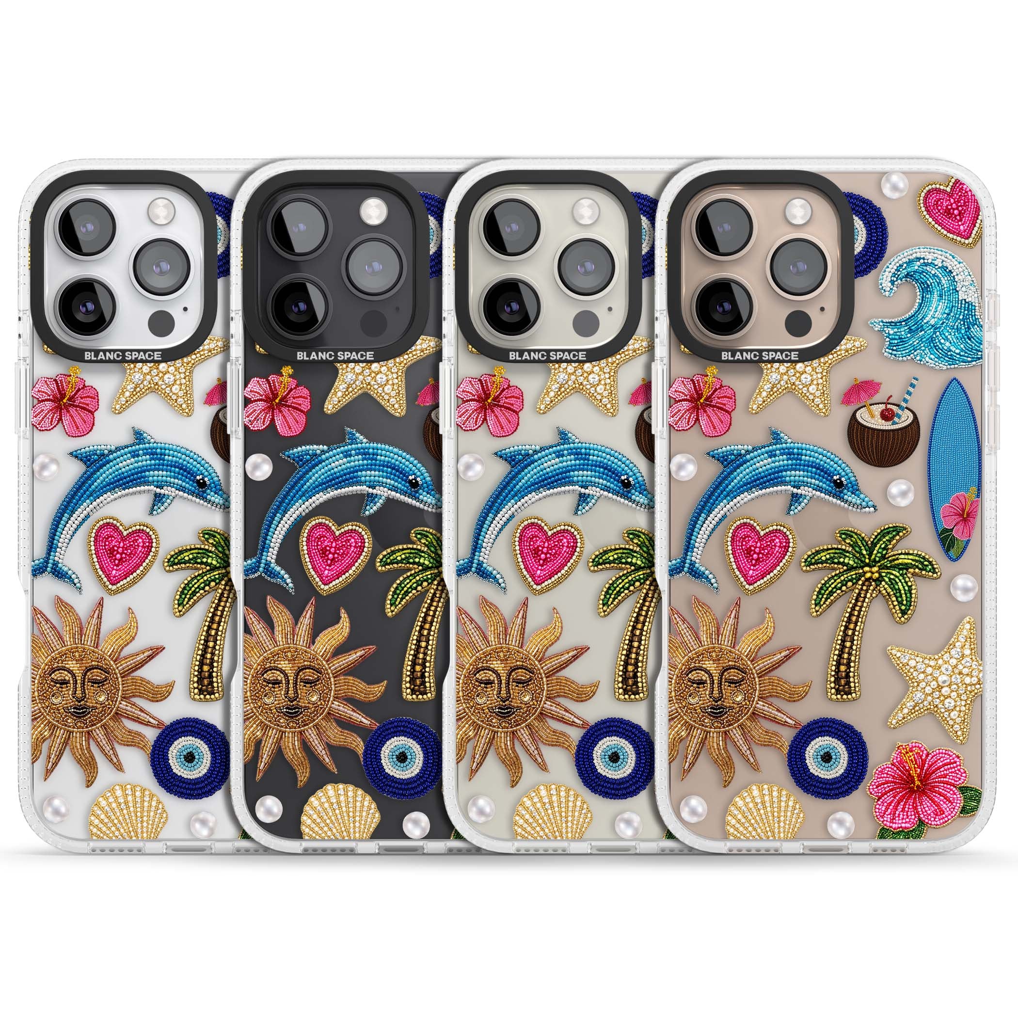 Beaded Beach coastal summer iPhone case featuring embroidered evil eye, hibiscus flowers, dolphin and palm tree patches | Clear Case Impact Air case for iPhone 16 Pro, iPhone 16 Pro Max