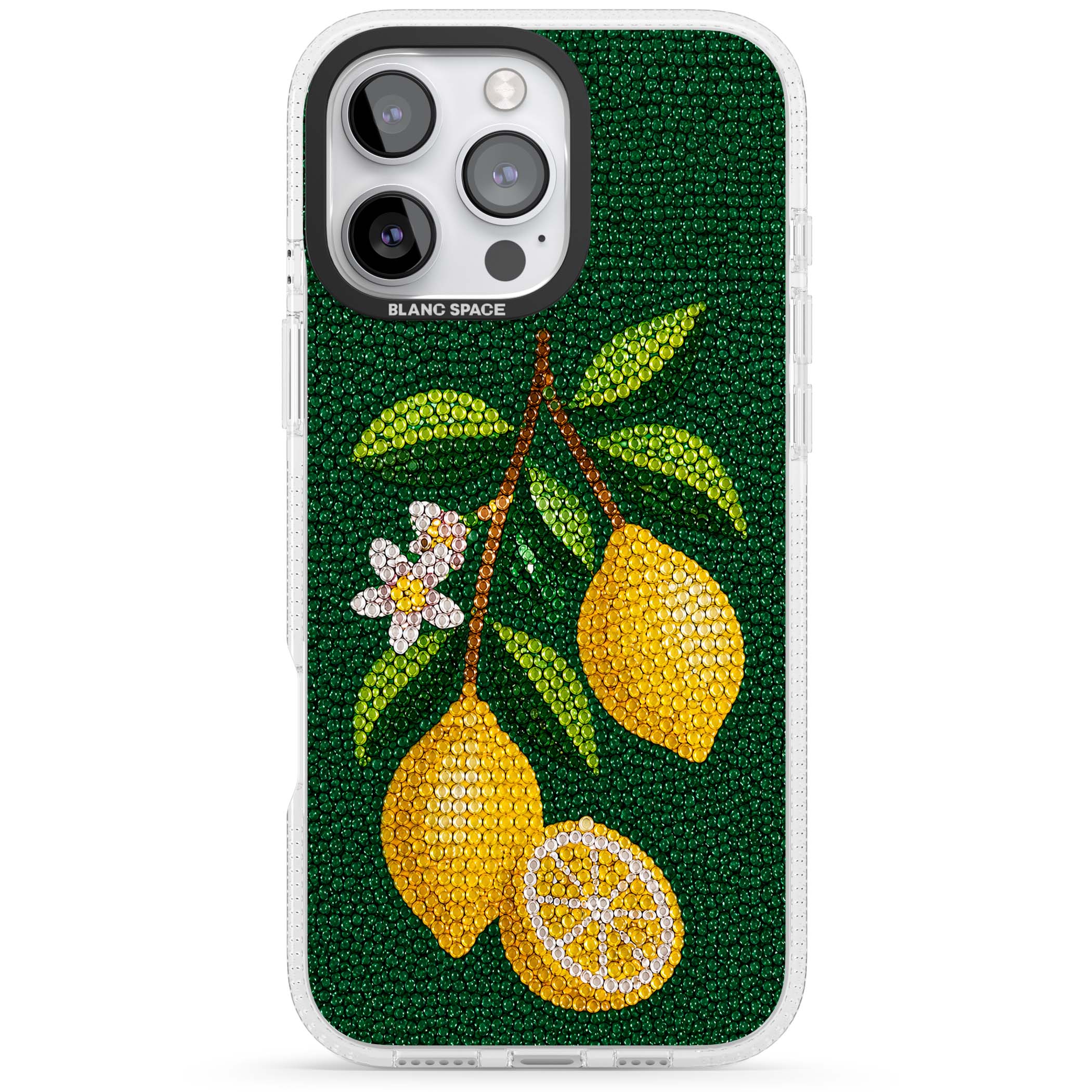 Beaded Lemons coastal iPhone case featuring crystal-beaded lemons, citrus blossom and green leaves on emerald ground | Clear Case Impact Air case for iPhone 16 Pro, iPhone 16 Pro Max