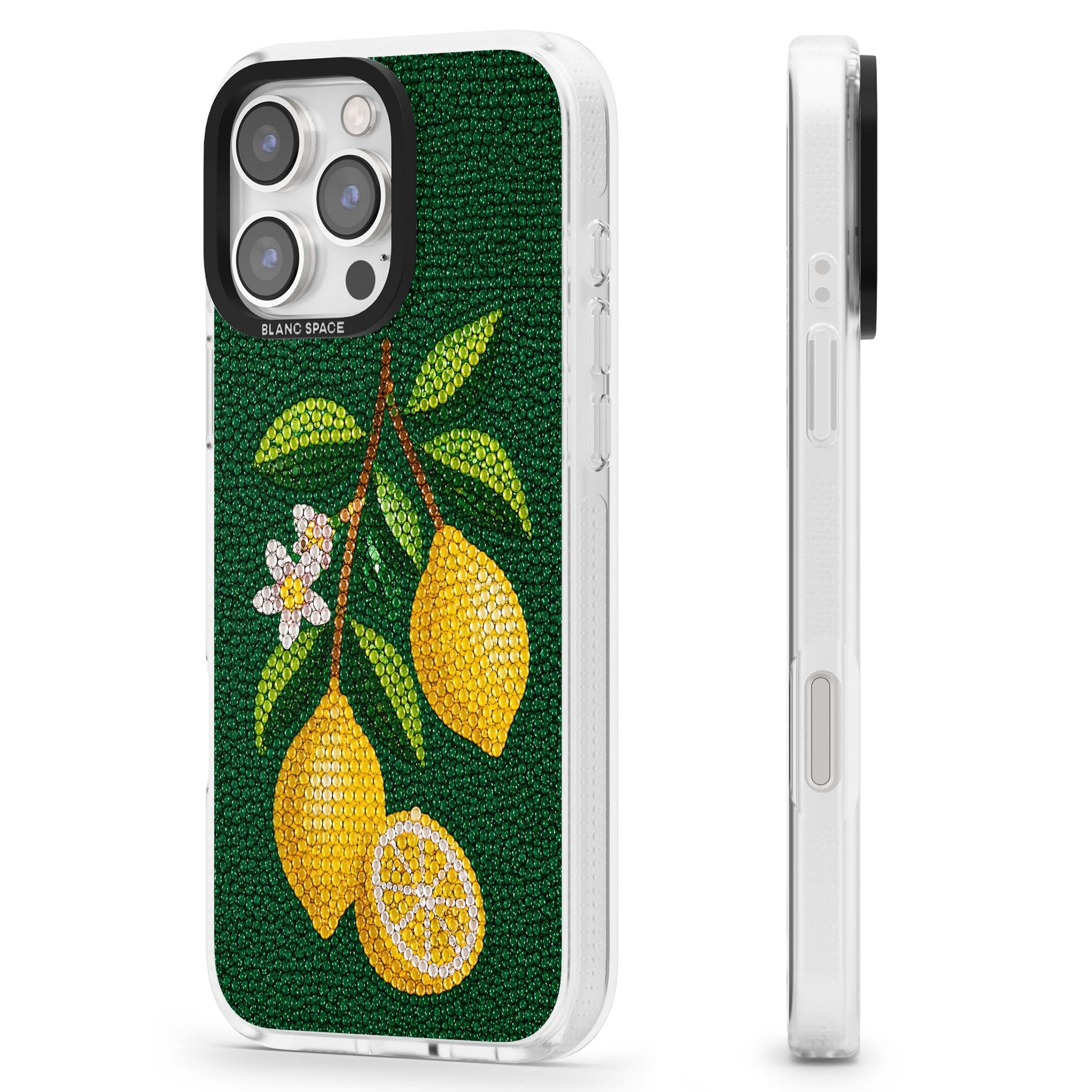 Beaded Lemons coastal iPhone case featuring crystal-beaded lemons, citrus blossom and green leaves on emerald ground | Clear Case Impact Air case for iPhone 16 Pro, iPhone 16 Pro Max