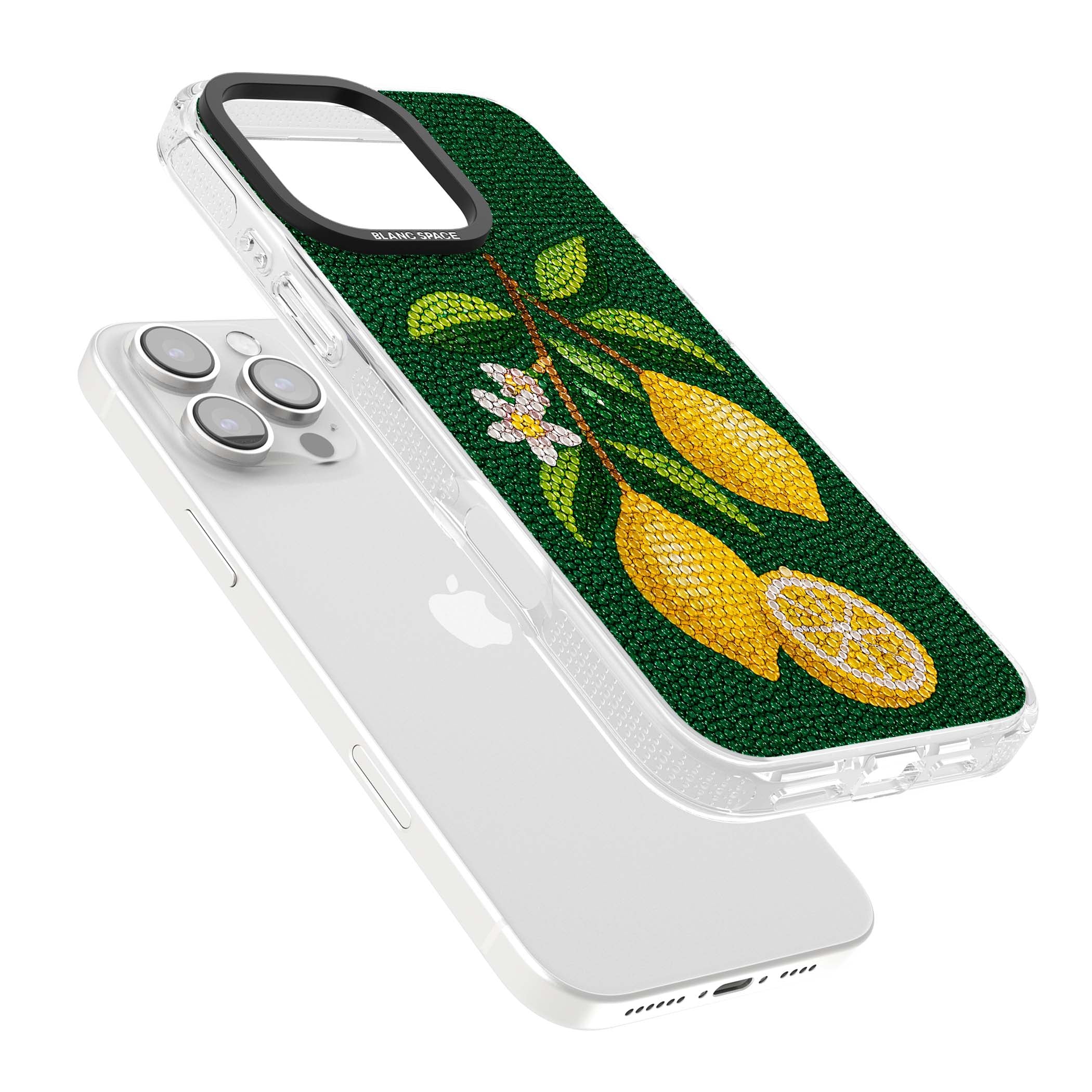 Beaded Lemons coastal iPhone case featuring crystal-beaded lemons, citrus blossom and green leaves on emerald ground | Clear Case Impact Air case for iPhone 16 Pro, iPhone 16 Pro Max