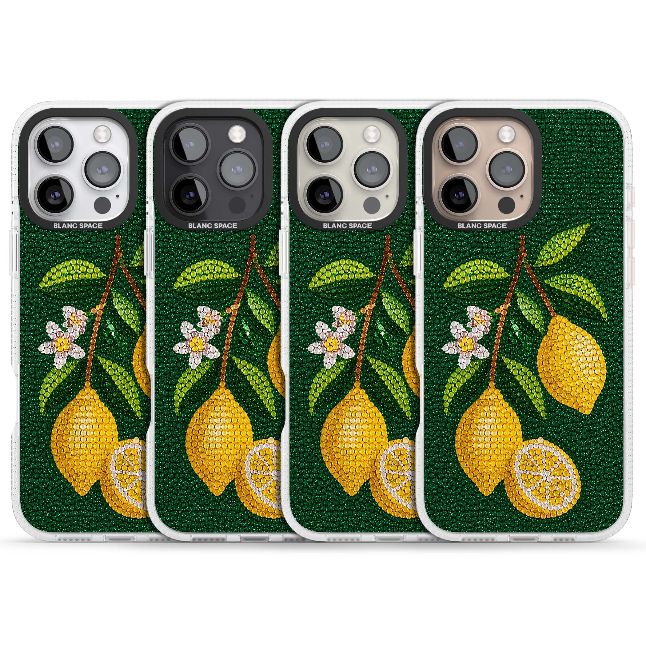 Beaded Lemons coastal iPhone case featuring crystal-beaded lemons, citrus blossom and green leaves on emerald ground | Clear Case Impact Air case for iPhone 16 Pro, iPhone 16 Pro Max