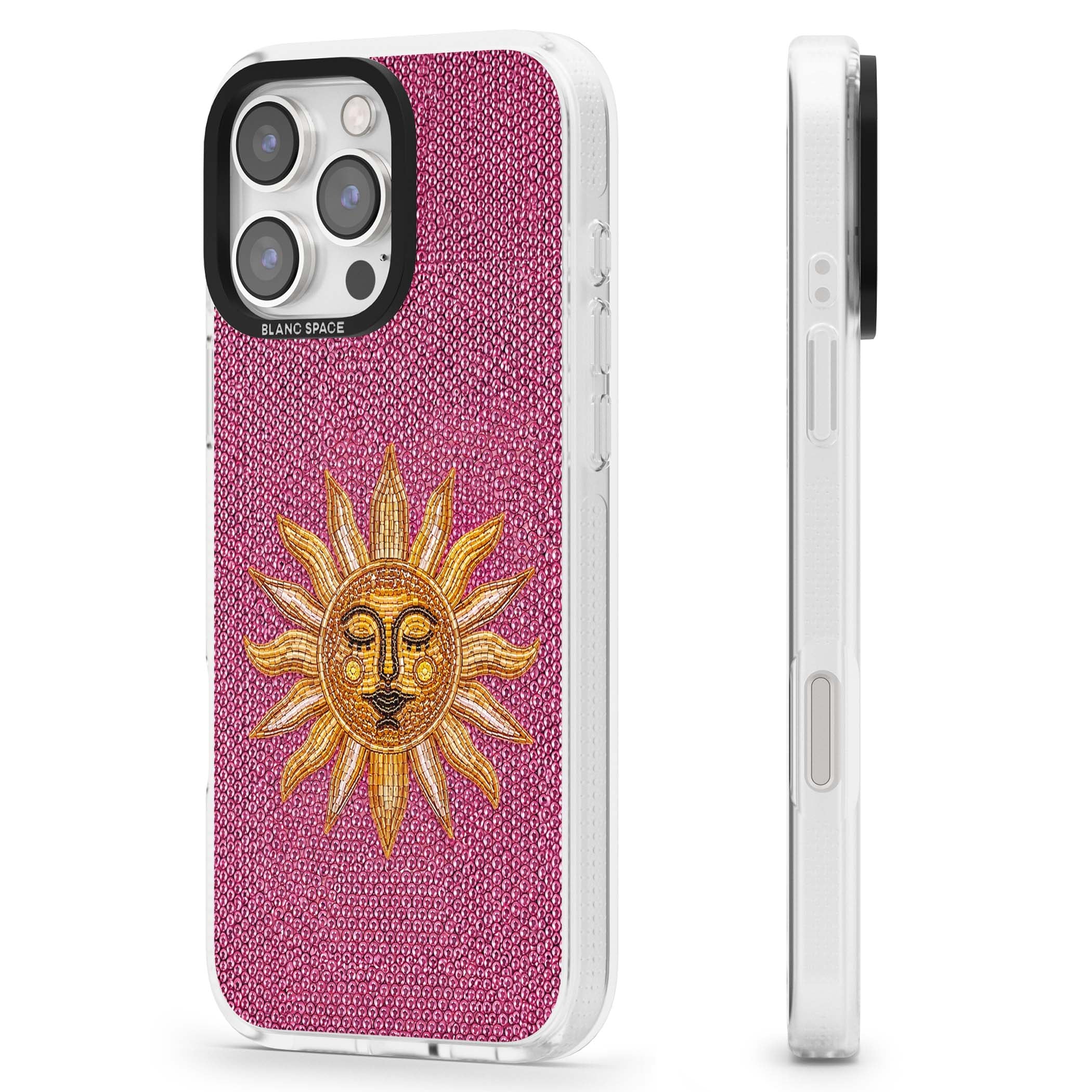 Beaded Sun celestial iPhone case featuring a golden beaded sun face with radiant rays on hot pink beaded background | Clear Case Impact Air case for iPhone 16 Pro, iPhone 16 Pro Max