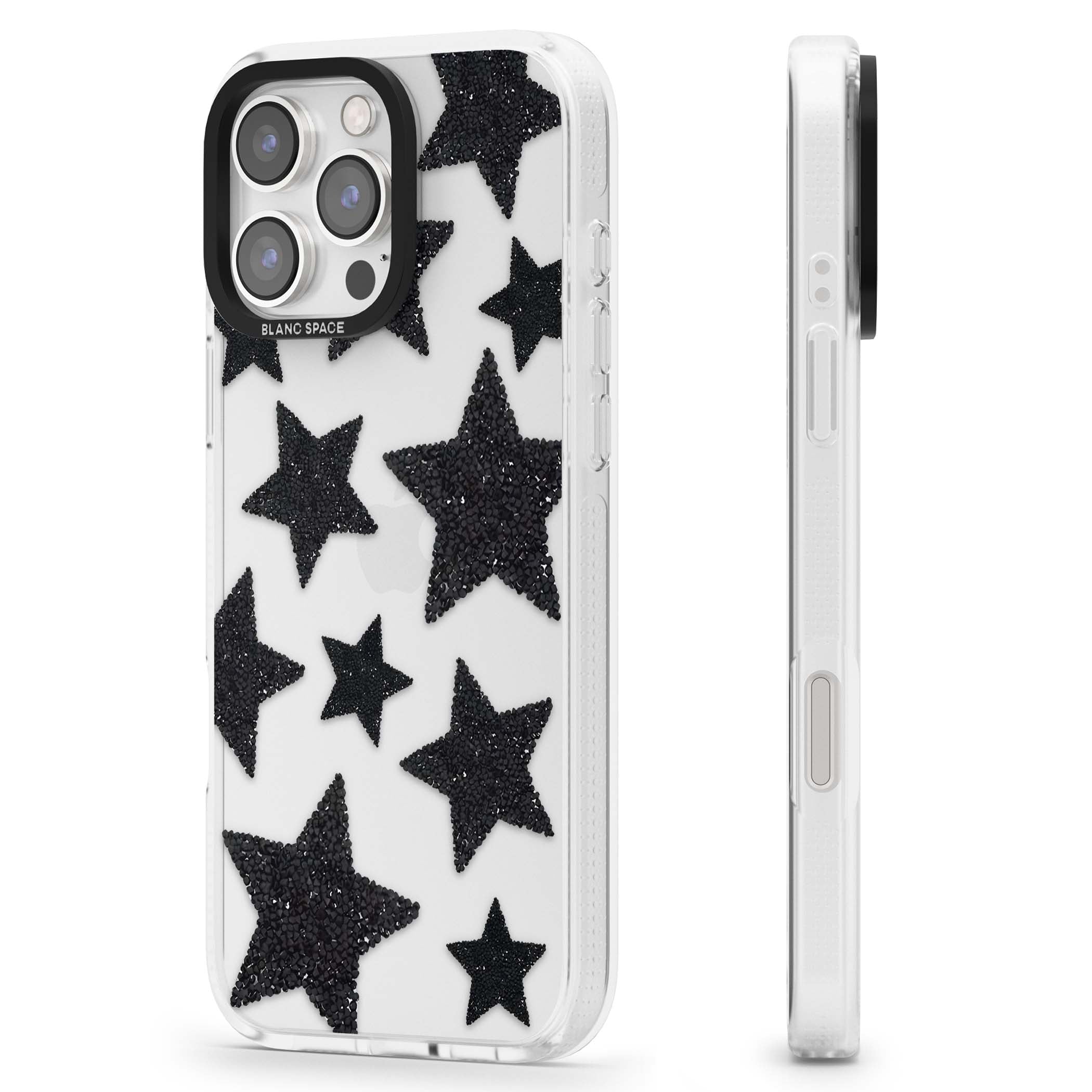 Beaded Black Stars celestial iPhone case featuring black glitter beaded stars scattered on a clear background | Clear Case Impact Air case for iPhone 16 Pro, iPhone 16 Pro Max