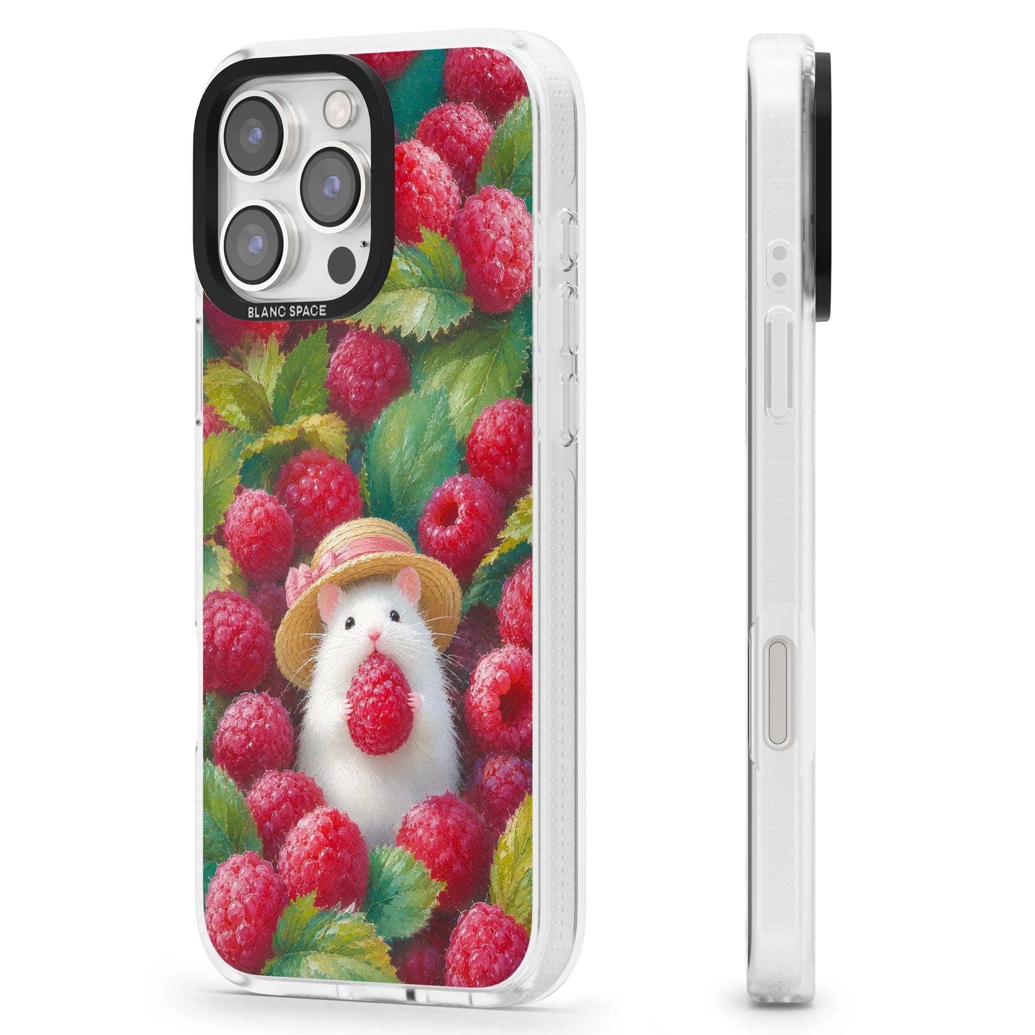 Berry Forager cottagecore iPhone case featuring a white hamster in a straw hat holding a raspberry surrounded by ripe ber | Clear Case Impact Air case for iPhone 16 Pro, iPhone 16 Pro Max