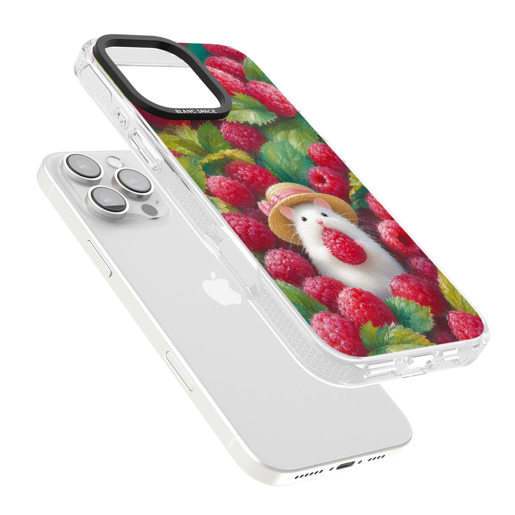 Berry Forager cottagecore iPhone case featuring a white hamster in a straw hat holding a raspberry surrounded by ripe ber | Clear Case Impact Air case for iPhone 16 Pro, iPhone 16 Pro Max