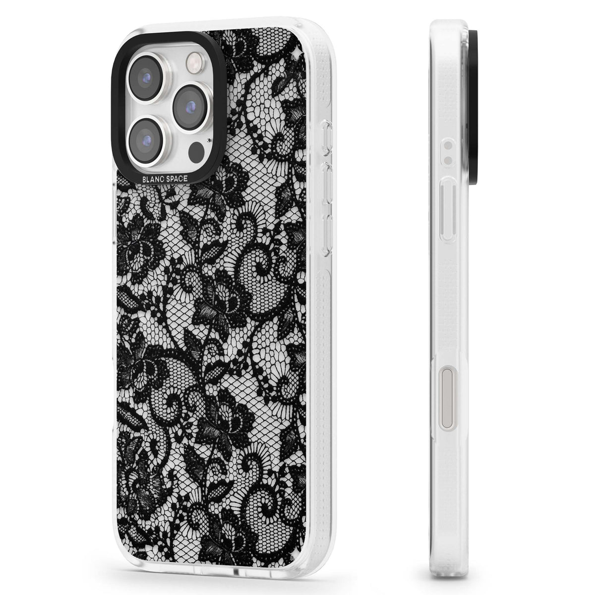 Black Lace gothic iPhone case featuring intricate black floral lace pattern with vintage whimsigoth detail | Clear Case Impact Air case for iPhone 16 Pro, iPhone 16 Pro Max
