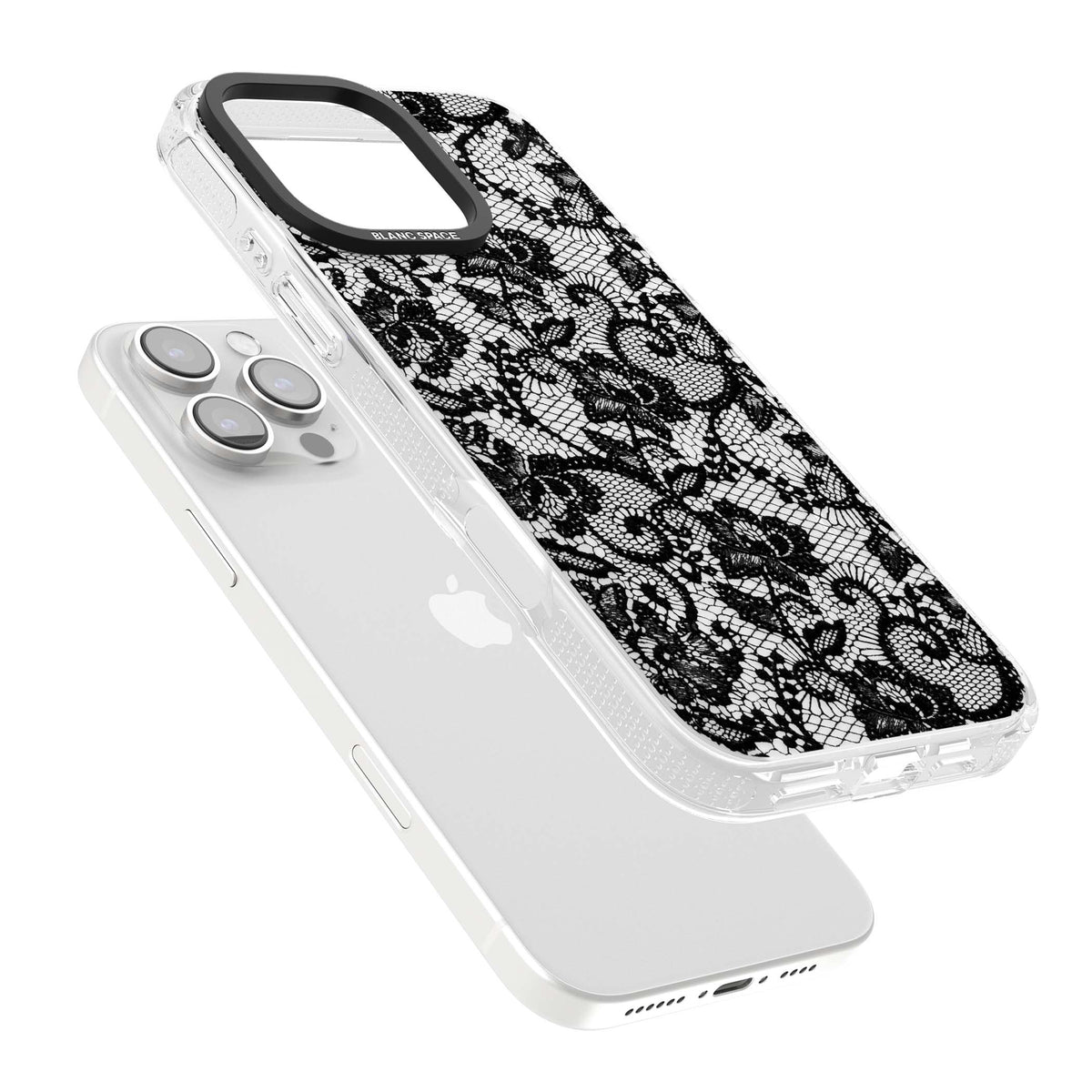 Black Lace gothic iPhone case featuring intricate black floral lace pattern with vintage whimsigoth detail | Clear Case Impact Air case for iPhone 16 Pro, iPhone 16 Pro Max