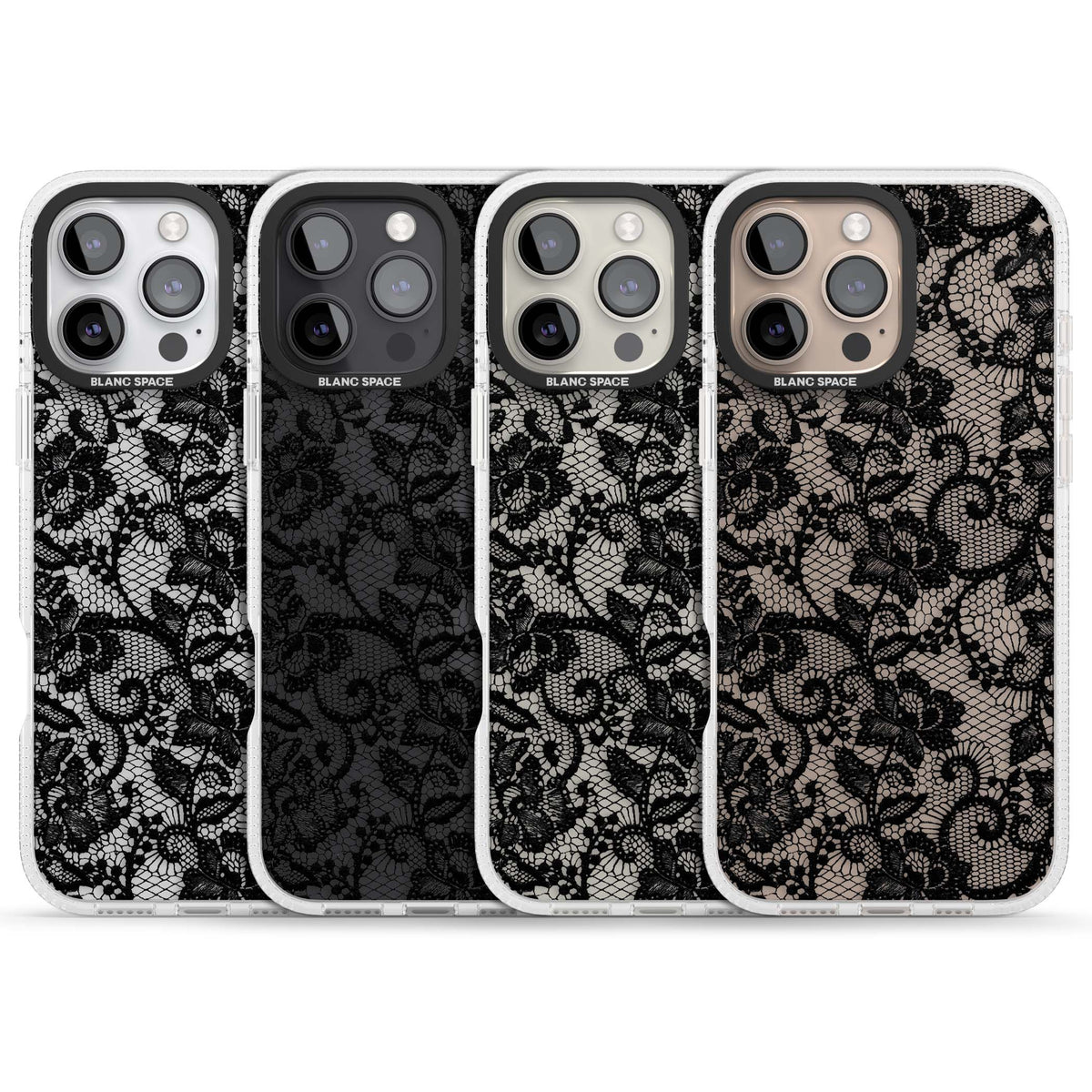 Black Lace gothic iPhone case featuring intricate black floral lace pattern with vintage whimsigoth detail | Clear Case Impact Air case for iPhone 16 Pro, iPhone 16 Pro Max