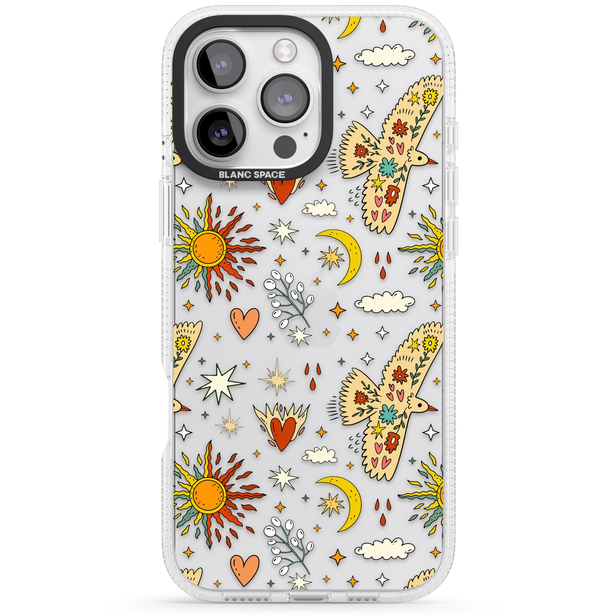 Boho Celestial Floral Bird & Sun iPhone 16 Pro Max / 16 Pro Clear Case Impact Air - Blanc Space