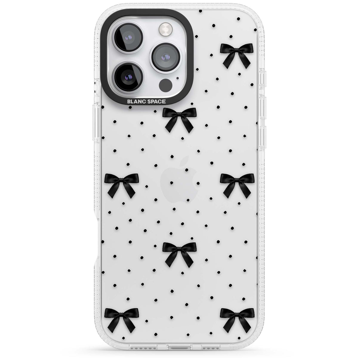 Black Polka Bows coquette iPhone case featuring scattered black satin bows and tiny polka dots on a clear base | Clear Case Impact Air case for iPhone 16 Pro, iPhone 16 Pro Max