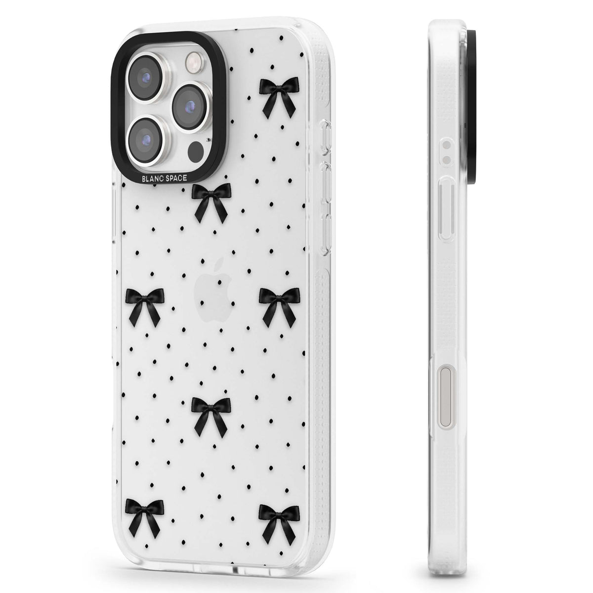 Black Polka Bows coquette iPhone case featuring scattered black satin bows and tiny polka dots on a clear base | Clear Case Impact Air case for iPhone 16 Pro, iPhone 16 Pro Max