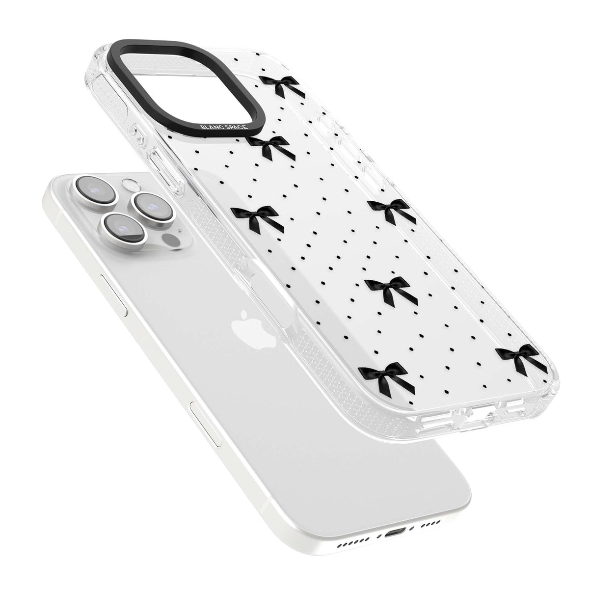 Black Polka Bows coquette iPhone case featuring scattered black satin bows and tiny polka dots on a clear base | Clear Case Impact Air case for iPhone 16 Pro, iPhone 16 Pro Max