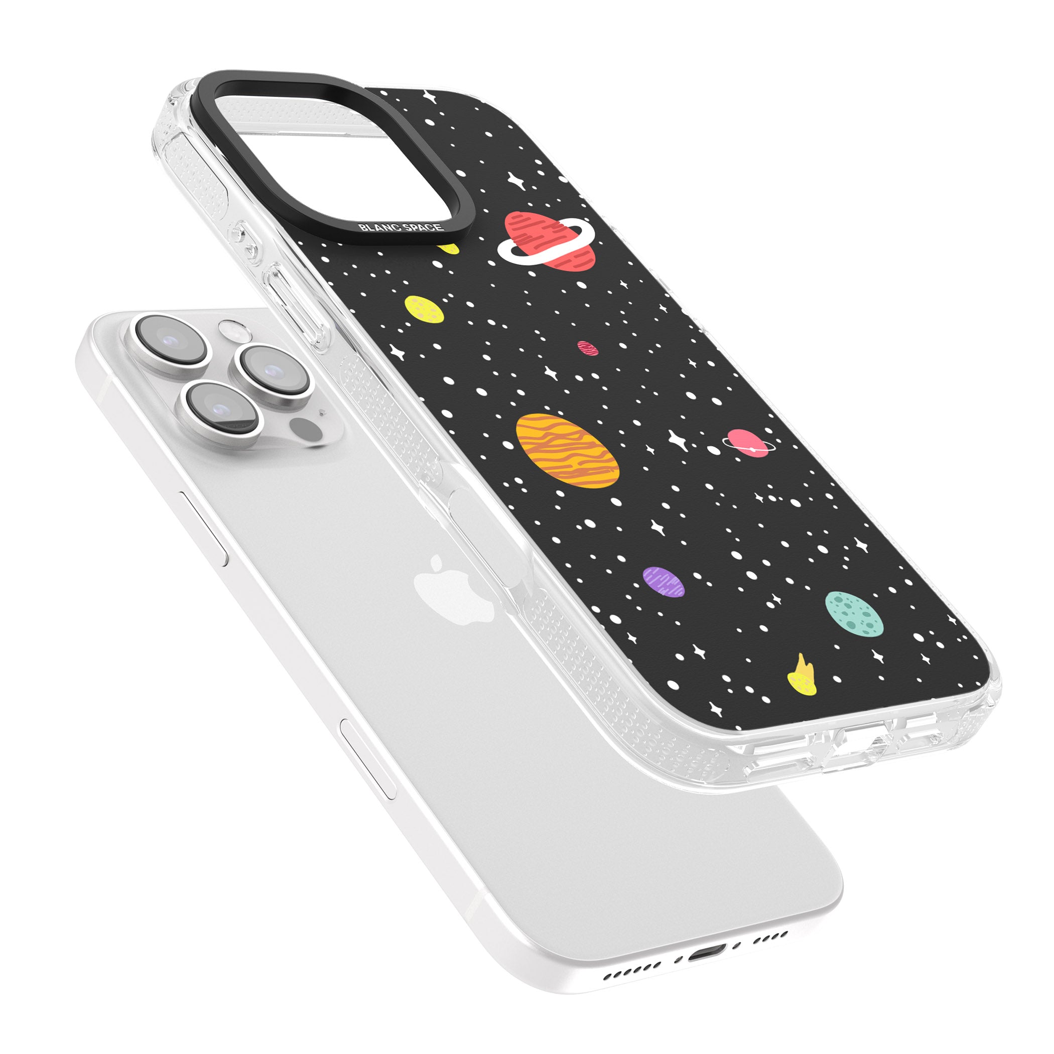 Cute Cartoon Planets iPhone 16 Pro Max / 16 Pro Clear Case Impact Air - Blanc Space