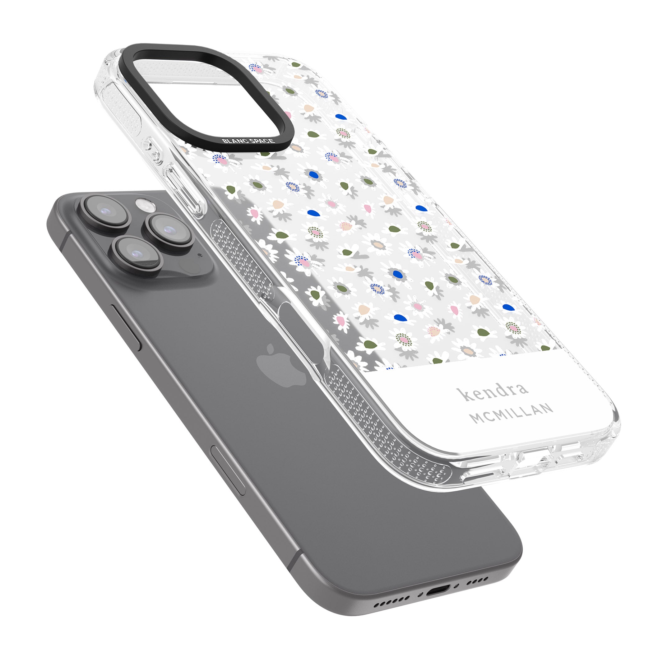 Personalised Grey & White Daisies Floral Design iPhone 16 Pro Max / 16 Pro Clear Case Impact Air - Blanc Space