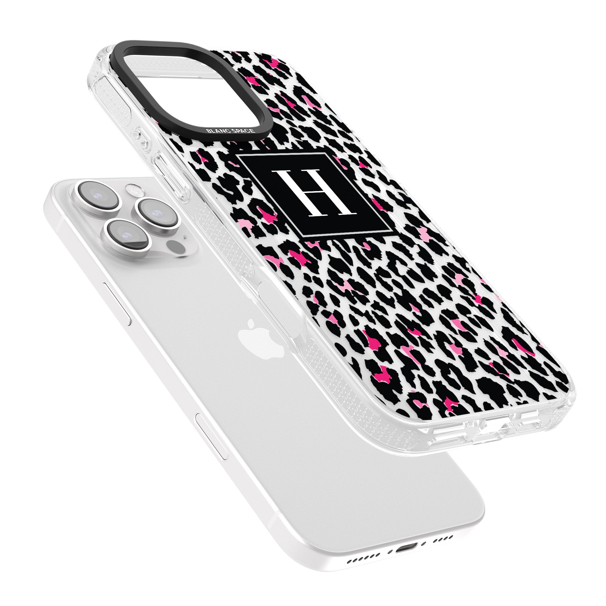 Personalised Pink Monogram Leopard Spots iPhone 16 Pro Max / 16 Pro Clear Case Impact Air - Blanc Space