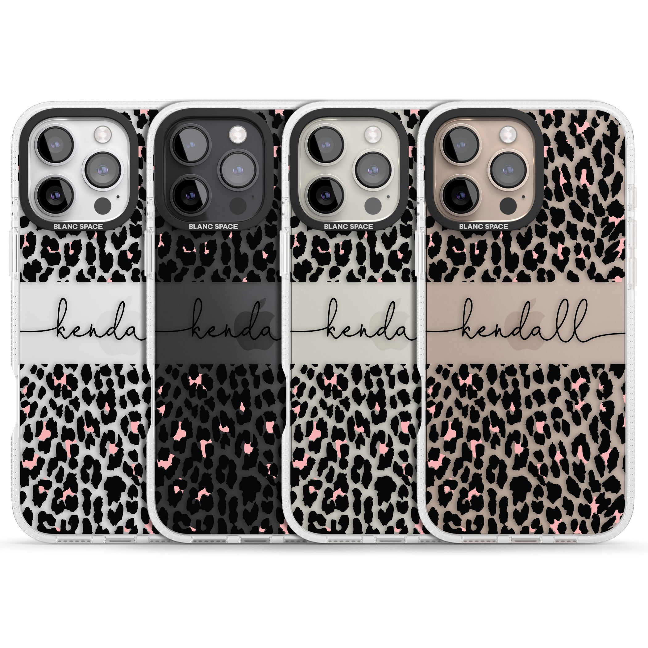 Personalised Pink & Cursive Leopard Spots iPhone 16 Pro Max / 16 Pro Clear Case Impact Air - Blanc Space