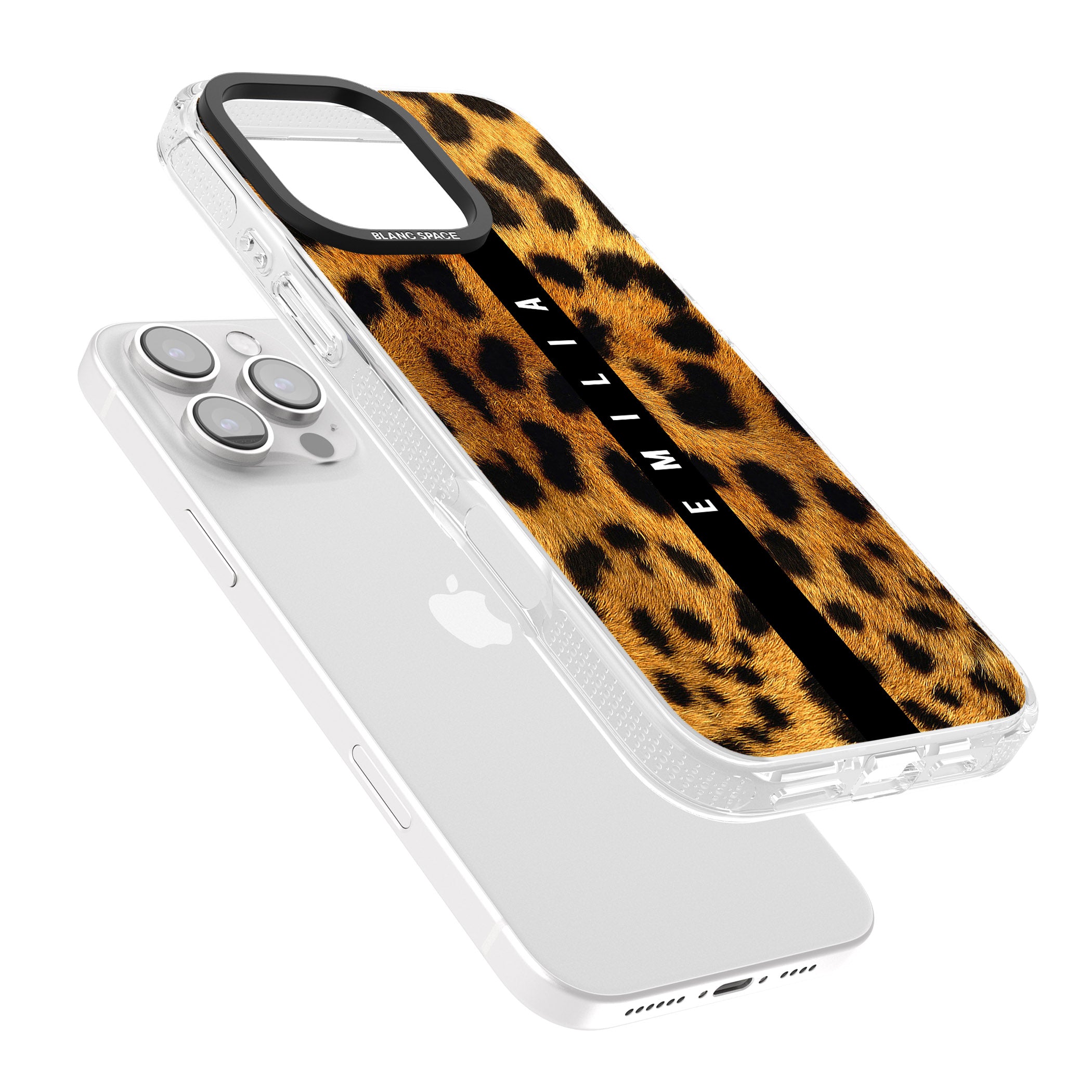 Personalised Leopard Print iPhone 16 Pro Max / 16 Pro Clear Case Impact Air - Blanc Space