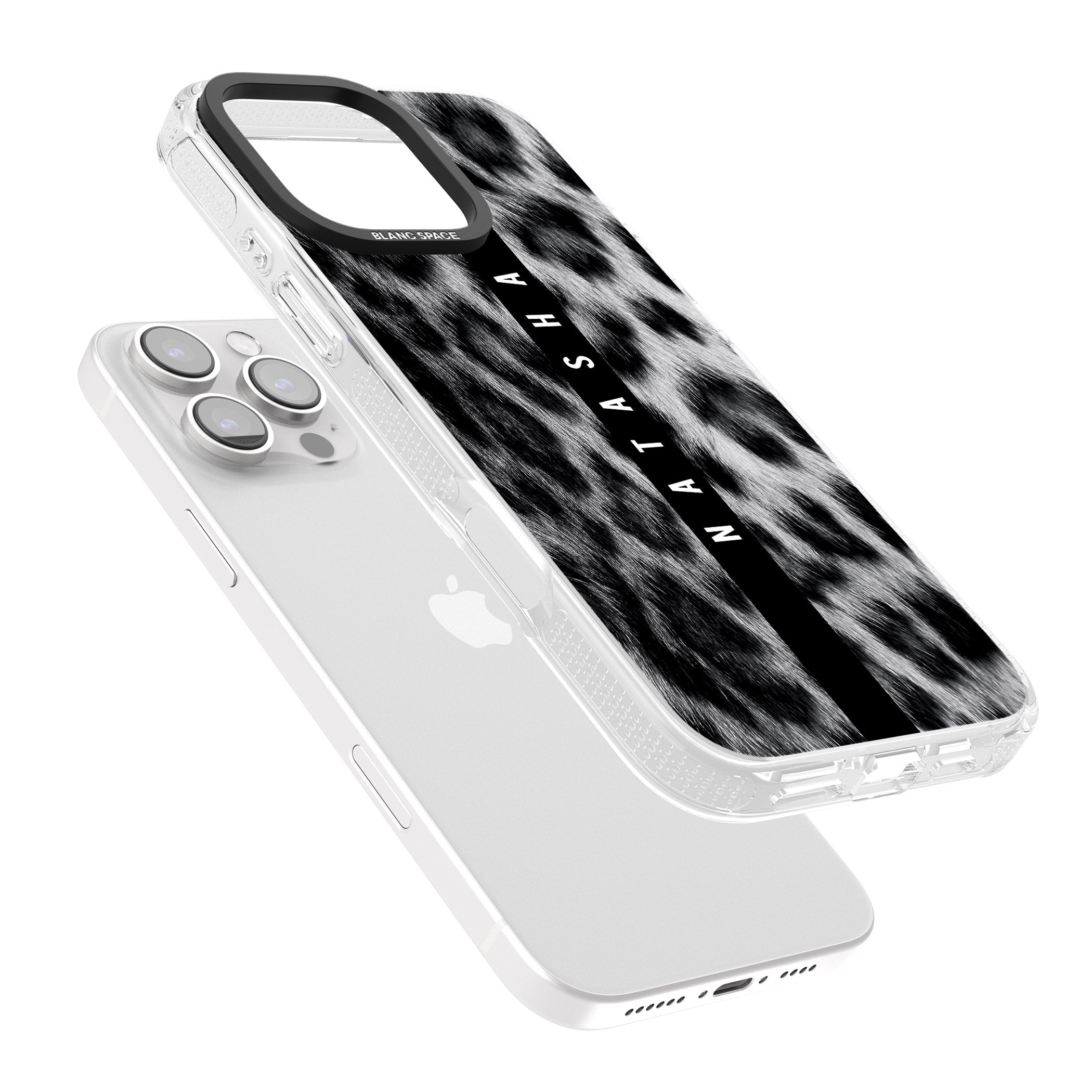 Personalised Snow Leopard Print iPhone 16 Pro Max / 16 Pro Clear Case Impact Air - Blanc Space