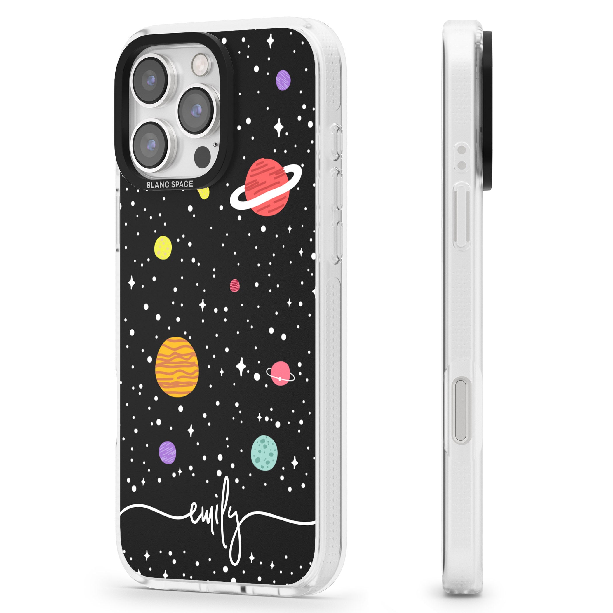 Personalised Cute Cartoon Planets iPhone 16 Pro Max / 16 Pro Clear Case Impact Air - Blanc Space