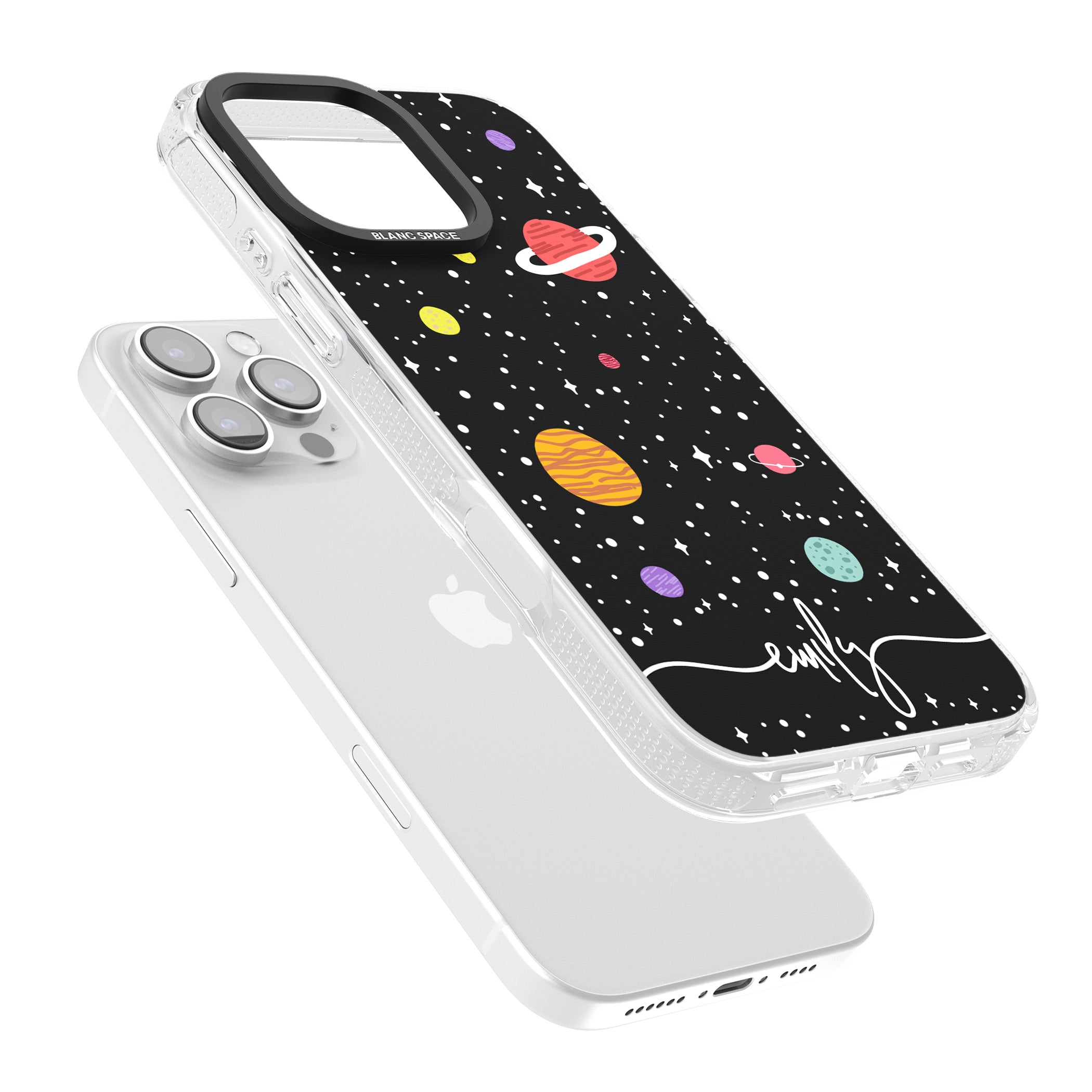 Personalised Cute Cartoon Planets iPhone 16 Pro Max / 16 Pro Clear Case Impact Air - Blanc Space