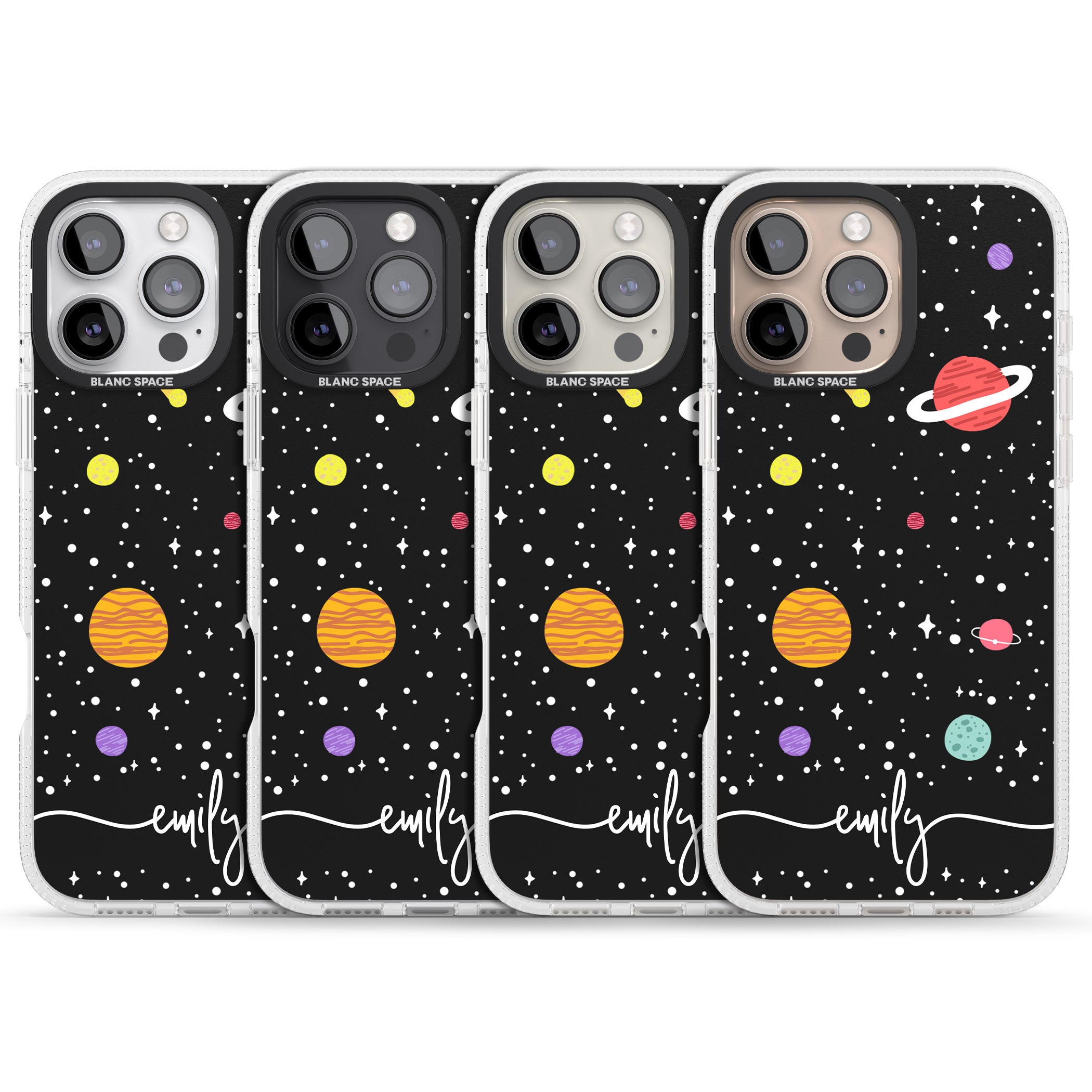 Personalised Cute Cartoon Planets iPhone 16 Pro Max / 16 Pro Clear Case Impact Air - Blanc Space