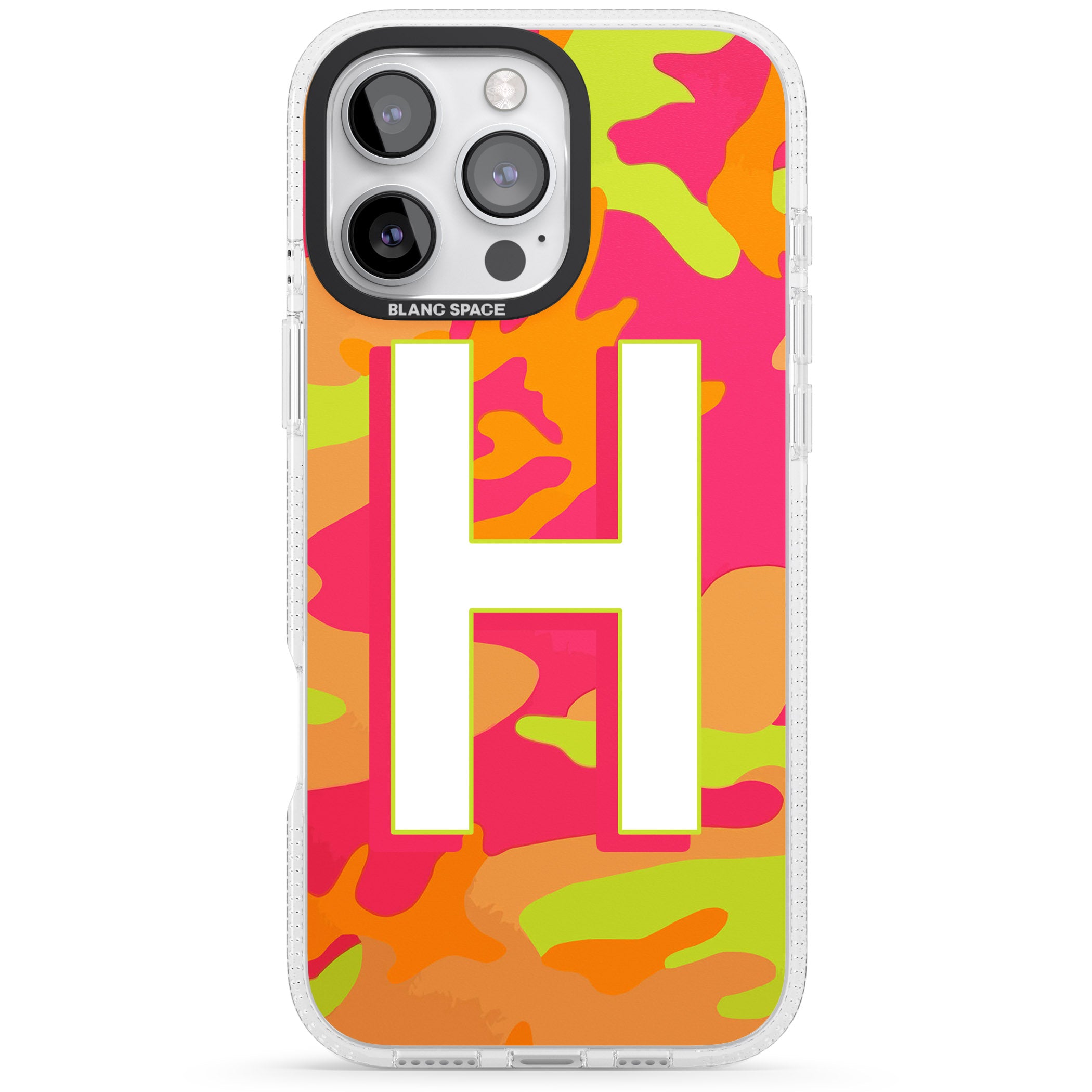 Personalised Bright Neon Camo Solid Monogram iPhone 16 Pro Max / 16 Pro Clear Case Impact Air - Blanc Space