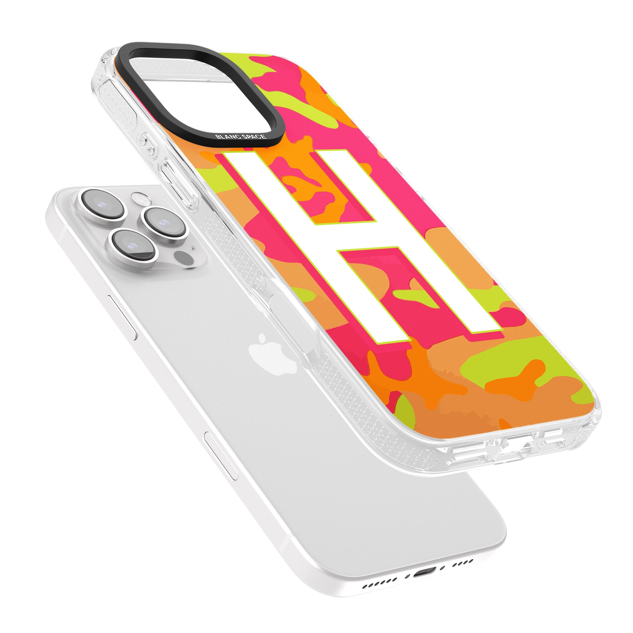 Personalised Bright Neon Camo Solid Monogram iPhone 16 Pro Max / 16 Pro Clear Case Impact Air - Blanc Space