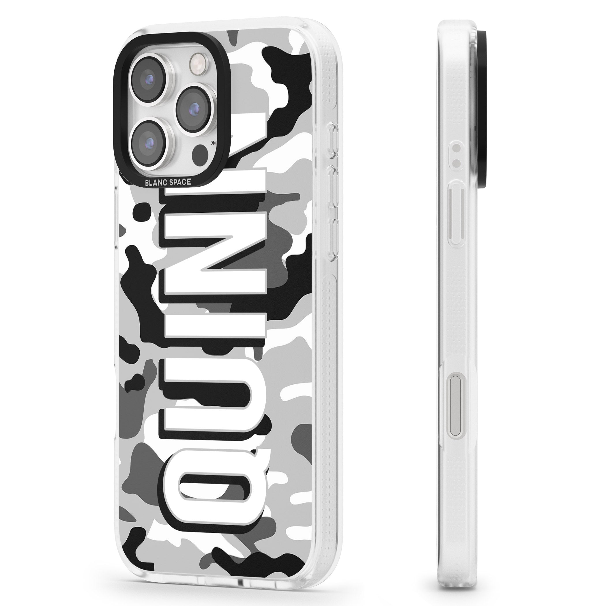 Personalised Greyscale Camo iPhone 16 Pro Max / 16 Pro Clear Case Impact Air - Blanc Space