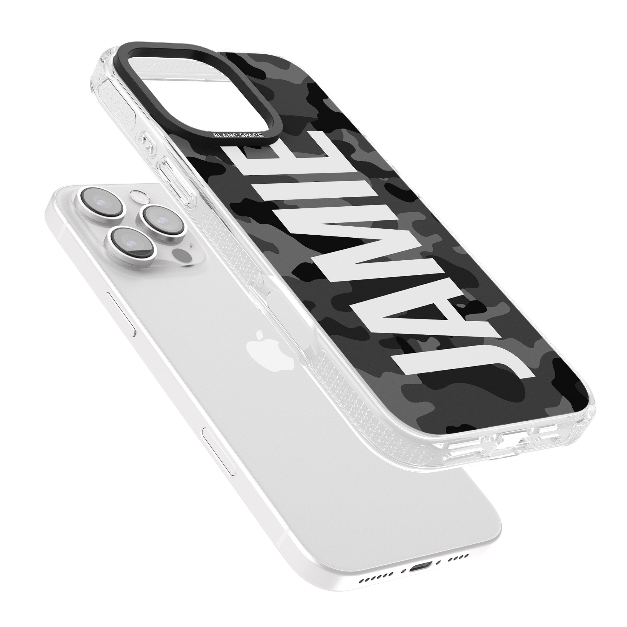 Personalised Vertical Name Black Camouflage iPhone 16 Pro Max / 16 Pro Clear Case Impact Air - Blanc Space