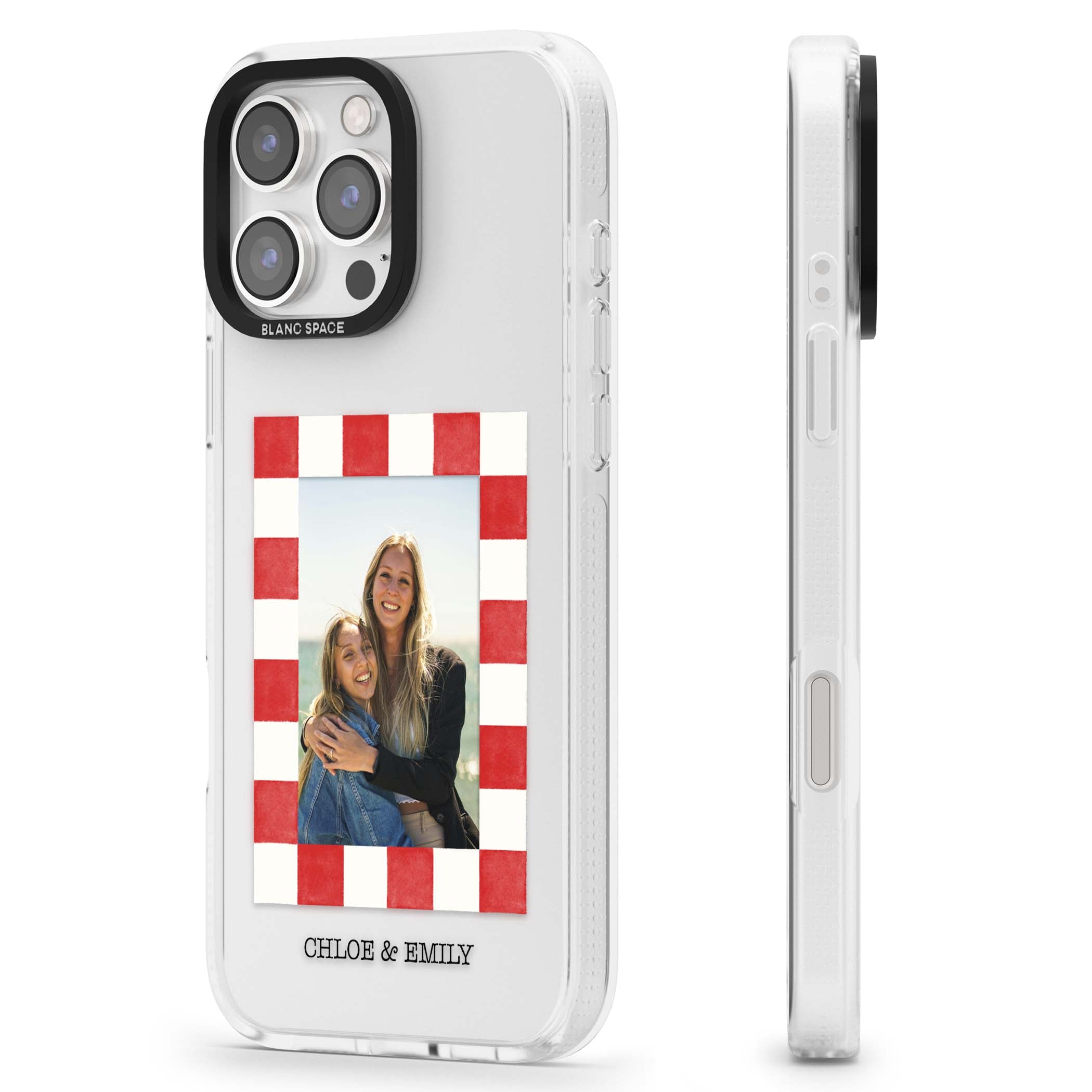 Red Check Photo personalised photo iPhone case with red and white checkered polaroid frame and custom couple name | Clear Case Impact Air case for iPhone 16 Pro, iPhone 16 Pro Max
