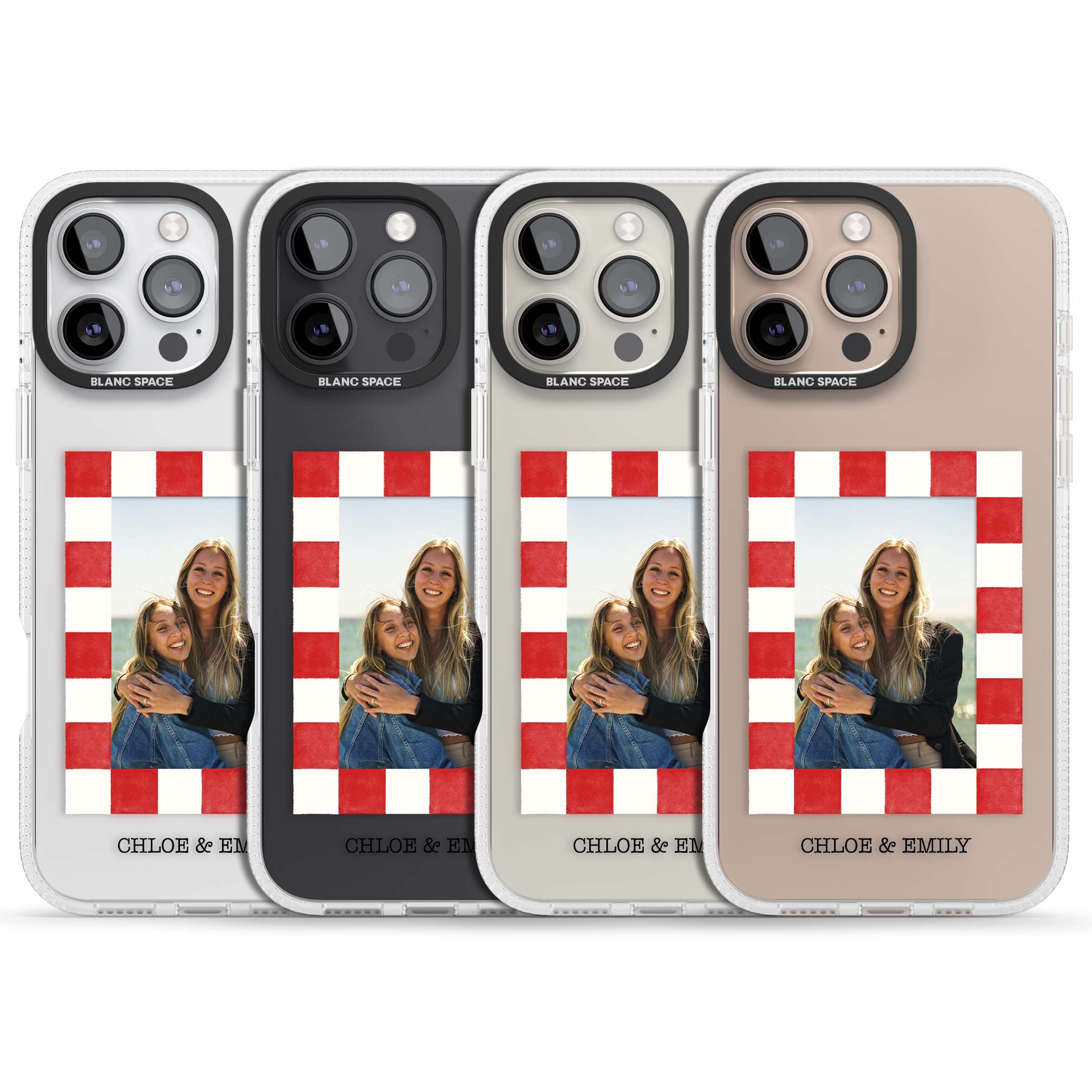 Red Check Photo personalised photo iPhone case with red and white checkered polaroid frame and custom couple name | Clear Case Impact Air case for iPhone 16 Pro, iPhone 16 Pro Max