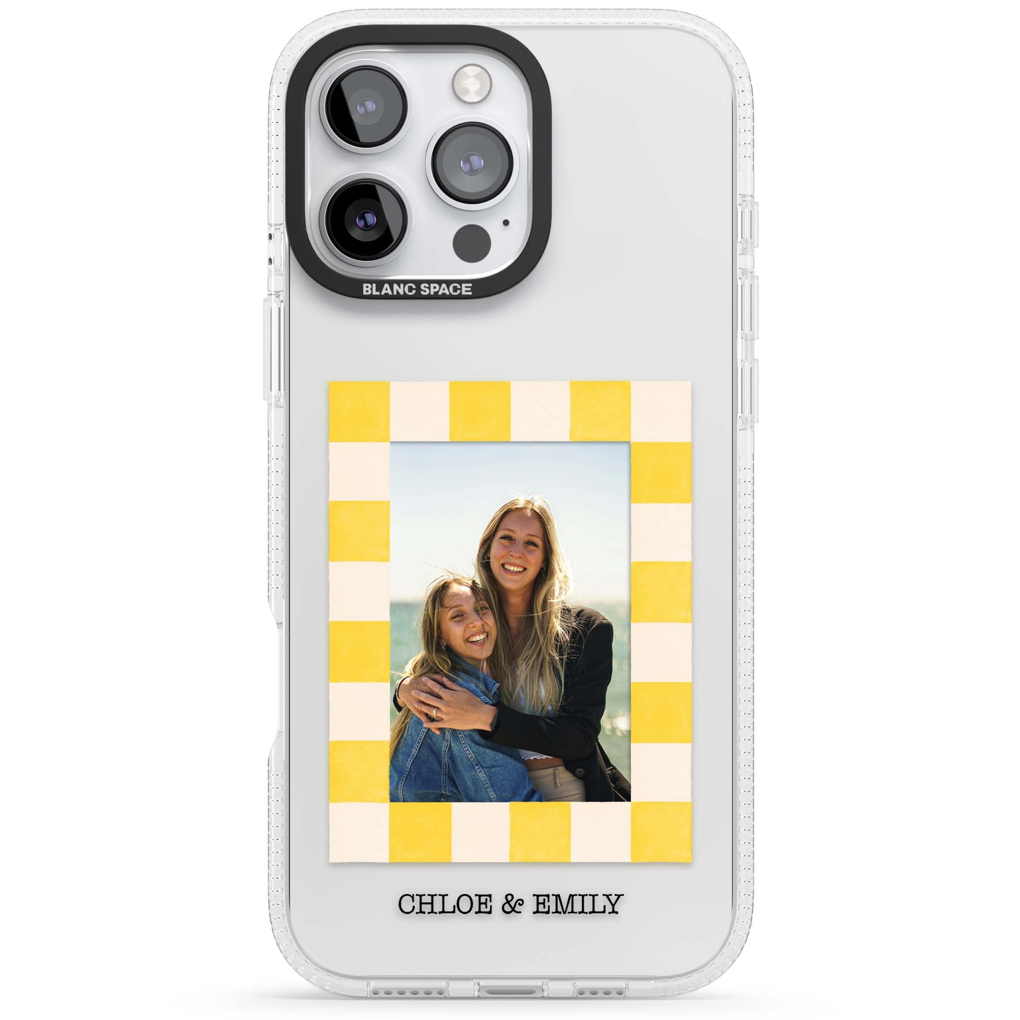 Yellow Check Photo personalised iPhone case with yellow checkered Polaroid frame and custom names beneath | Clear Case Impact Air case for iPhone 16 Pro, iPhone 16 Pro Max