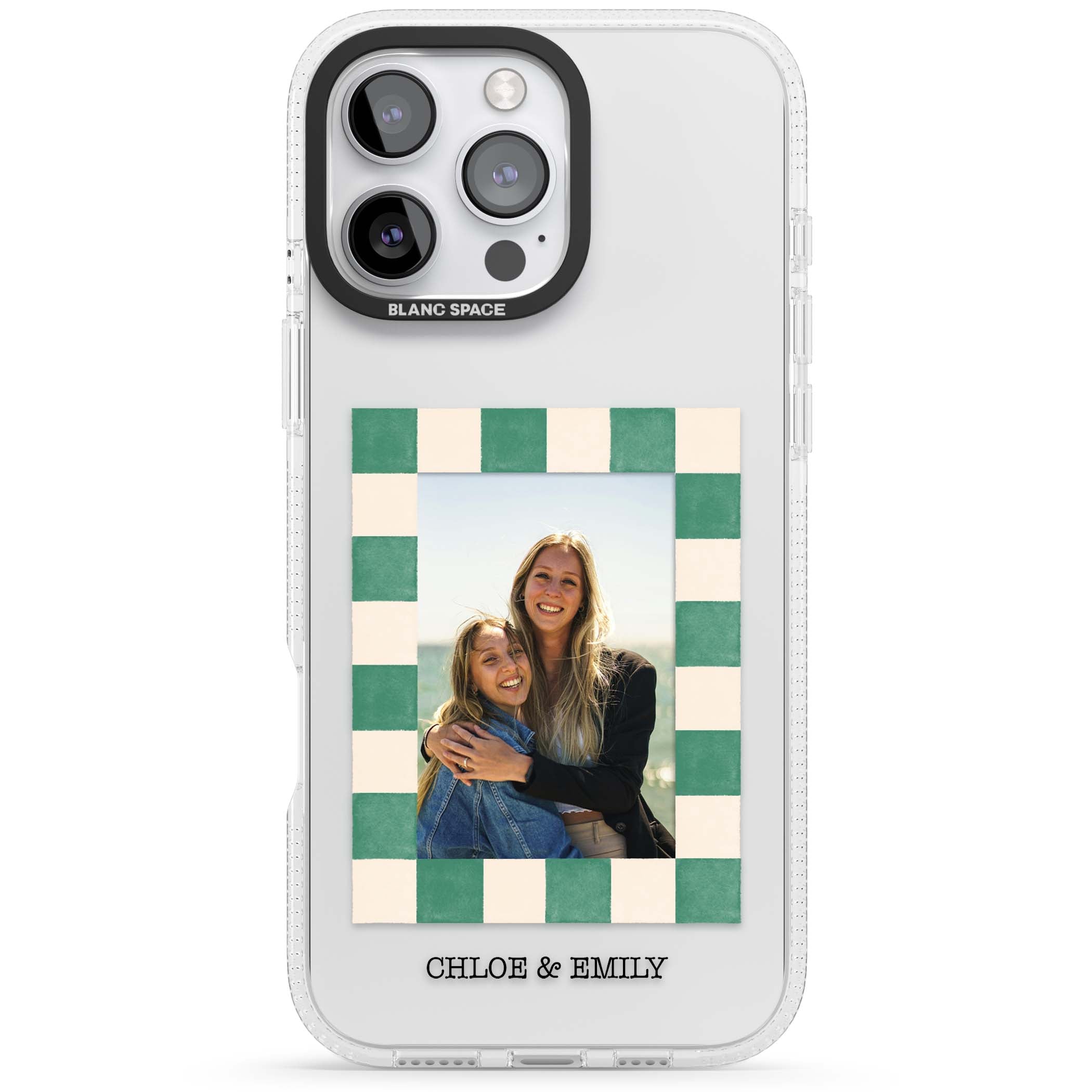 Seafoam Check Photo personalised iPhone case featuring a custom polaroid photo, green and cream checkered frame, and custom n | Clear Case Impact Air case for iPhone 16 Pro, iPhone 16 Pro Max