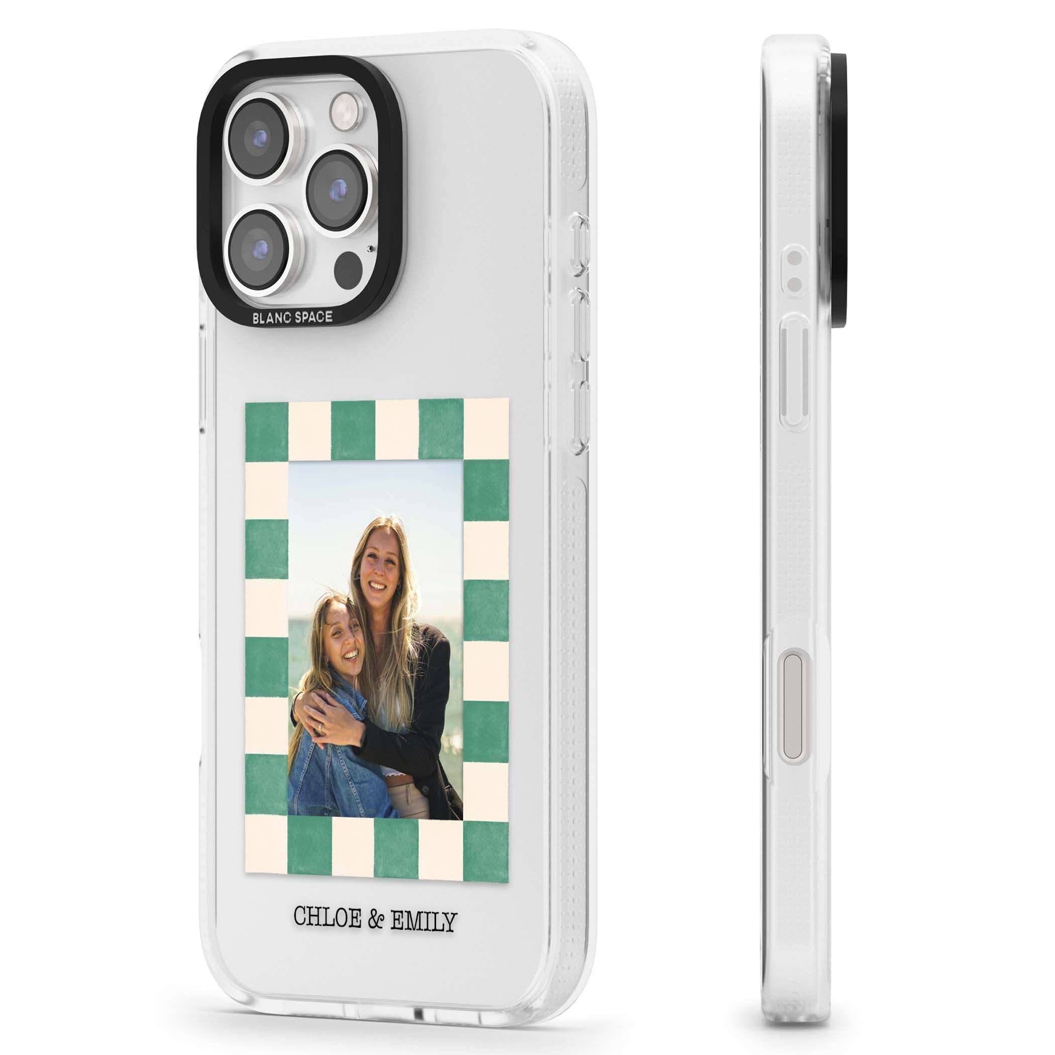 Seafoam Check Photo personalised iPhone case featuring a custom polaroid photo, green and cream checkered frame, and custom n | Clear Case Impact Air case for iPhone 16 Pro, iPhone 16 Pro Max