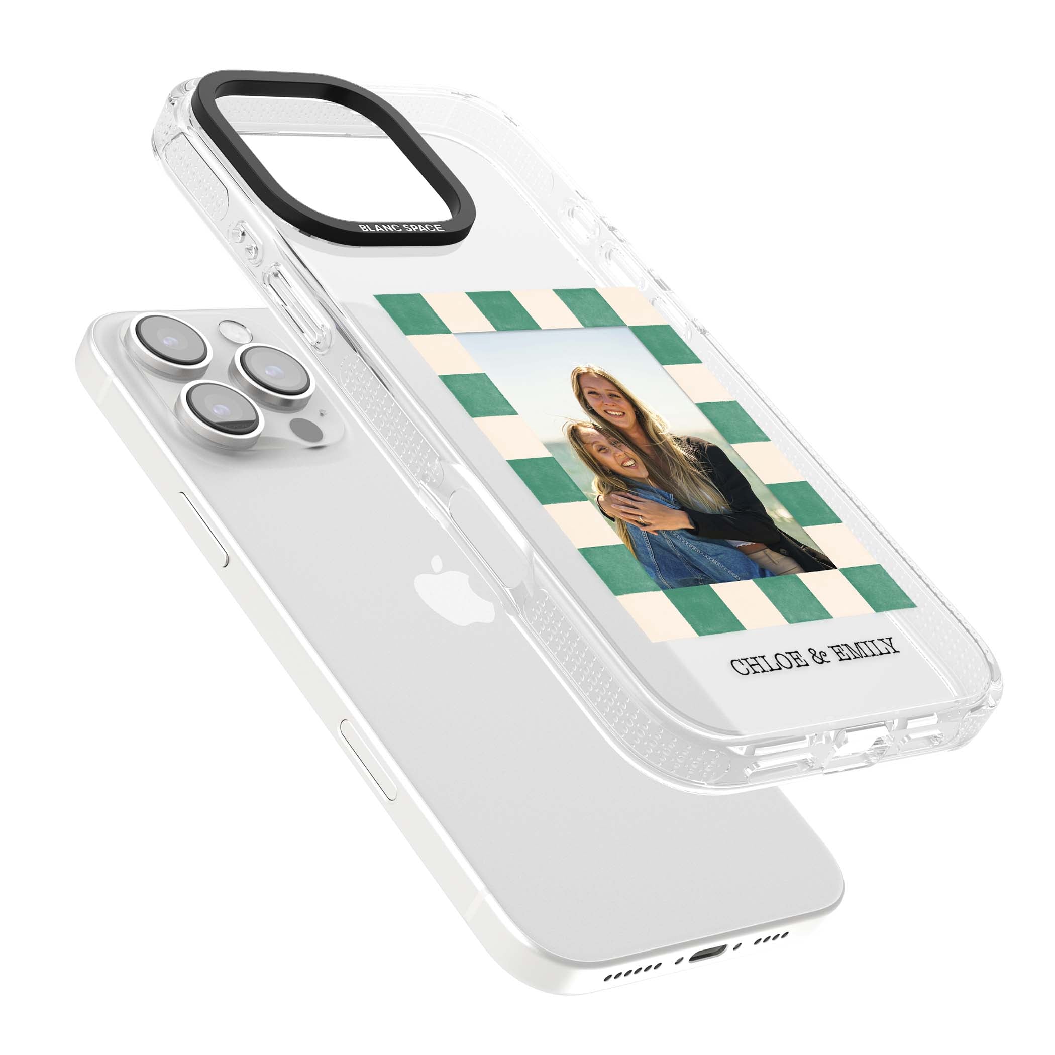 Seafoam Check Photo personalised iPhone case featuring a custom polaroid photo, green and cream checkered frame, and custom n | Clear Case Impact Air case for iPhone 16 Pro, iPhone 16 Pro Max