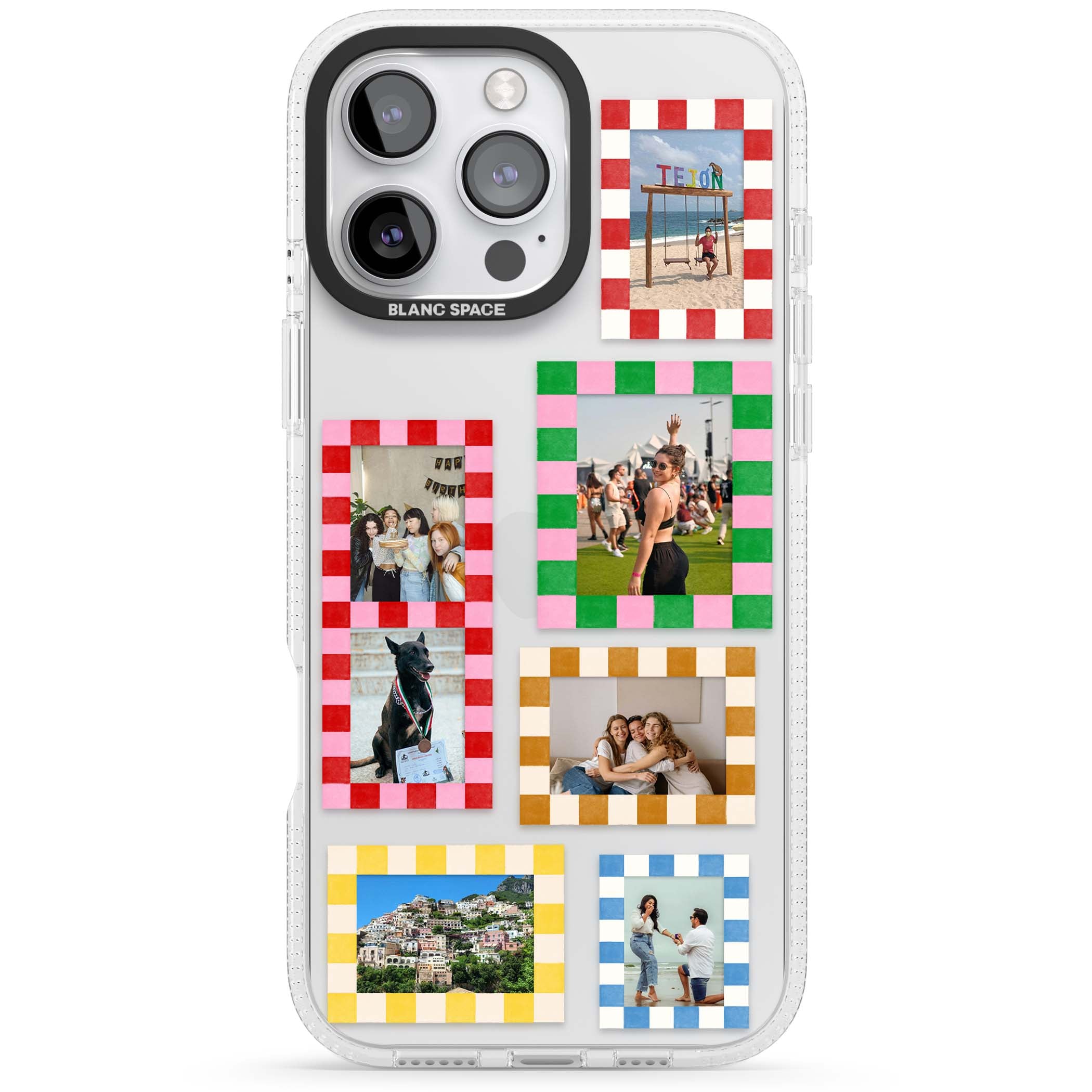 Italian Check Frames custom photo collage iPhone case featuring six checkered photo frames in red, green, pink and  | Clear Case Impact Air case for iPhone 16 Pro, iPhone 16 Pro Max