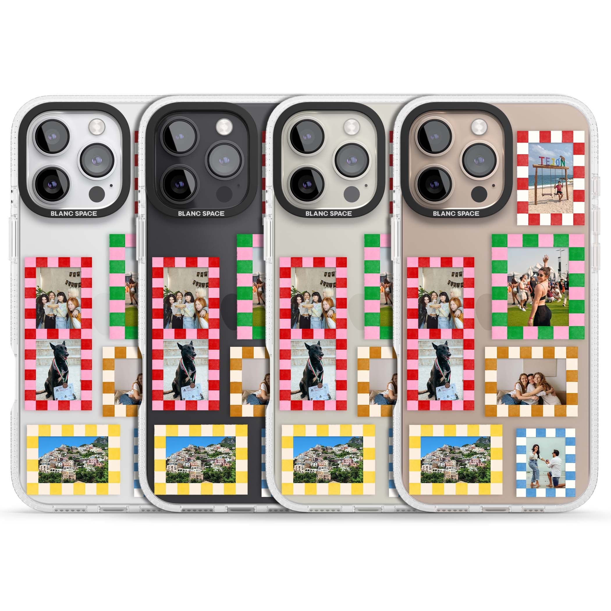 Italian Check Frames custom photo collage iPhone case featuring six checkered photo frames in red, green, pink and  | Clear Case Impact Air case for iPhone 16 Pro, iPhone 16 Pro Max