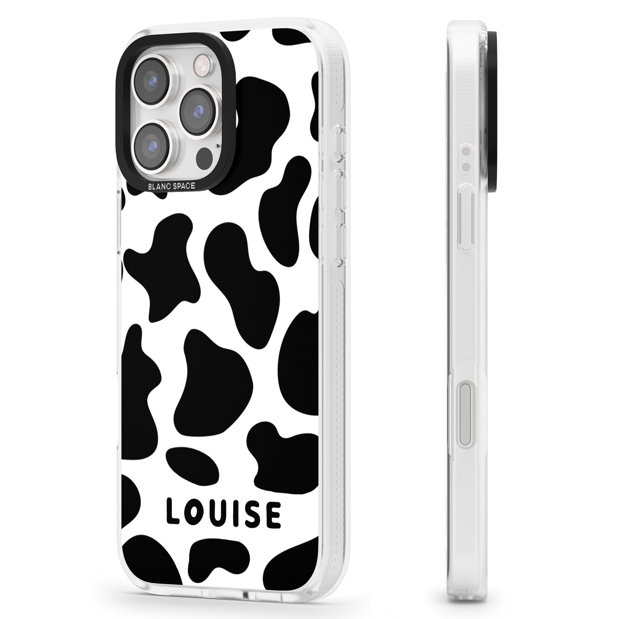 Personalised Cow Print iPhone 16 Pro Max / 16 Pro Clear Case Impact Air - Blanc Space