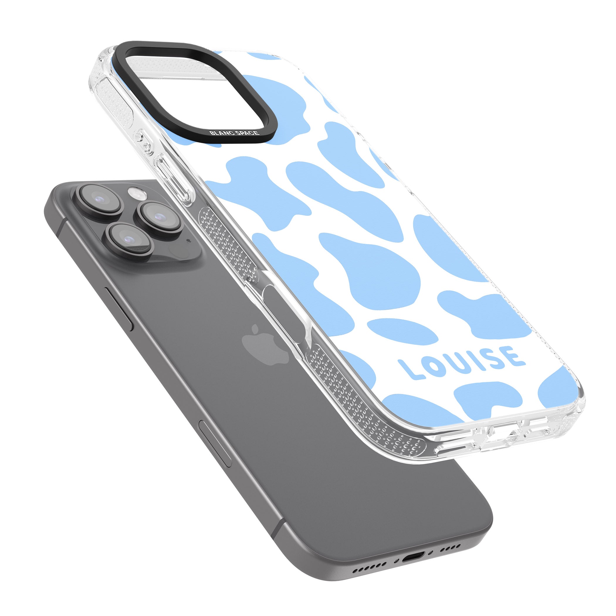 Personalised Blue and White Cow Print iPhone 16 Pro Max / 16 Pro Clear Case Impact Air - Blanc Space