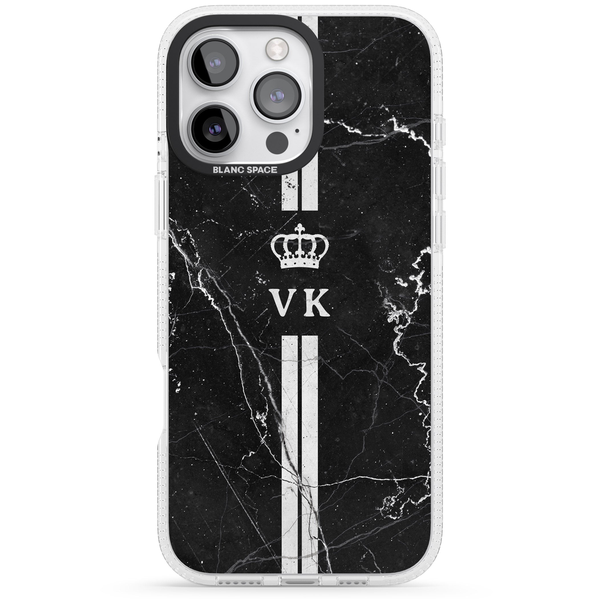 Personalised Stripes + Initials with Crown on Black Marble iPhone 16 Pro Max / 16 Pro Clear Case Impact Air - Blanc Space