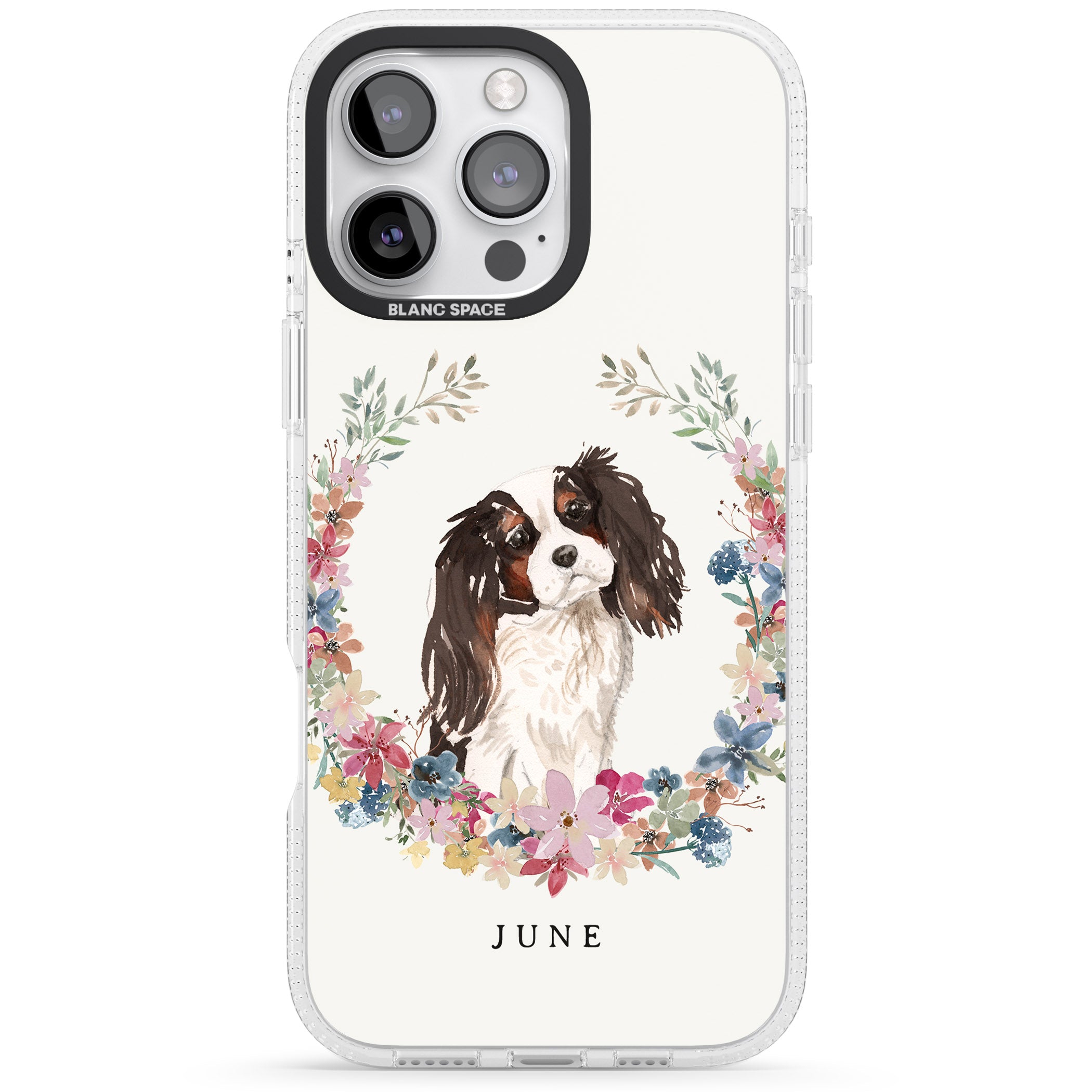 Personalised Tri Coloured King Charles Watercolour Dog Portrait iPhone 16 Pro Max / 16 Pro Clear Case Impact Air - Blanc Space